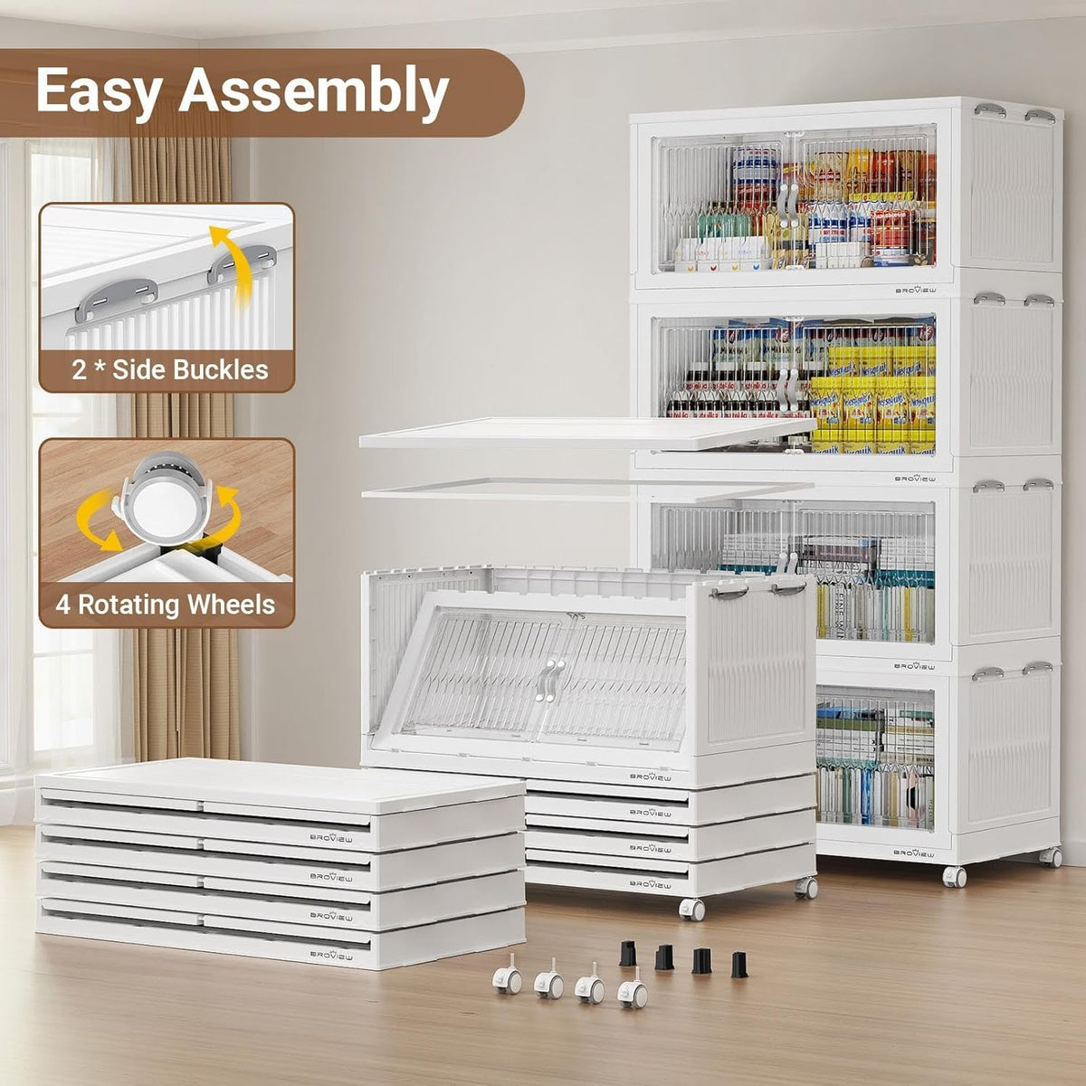 BROVIEW 600Qt Extra Large Stackable Storage Bins with Lid, Closet Organizer Collapsible Drawer Boxes with Wheels, Folding Plastic Cabinet Containers for Home Kitchen Room Organization, 3Pack White