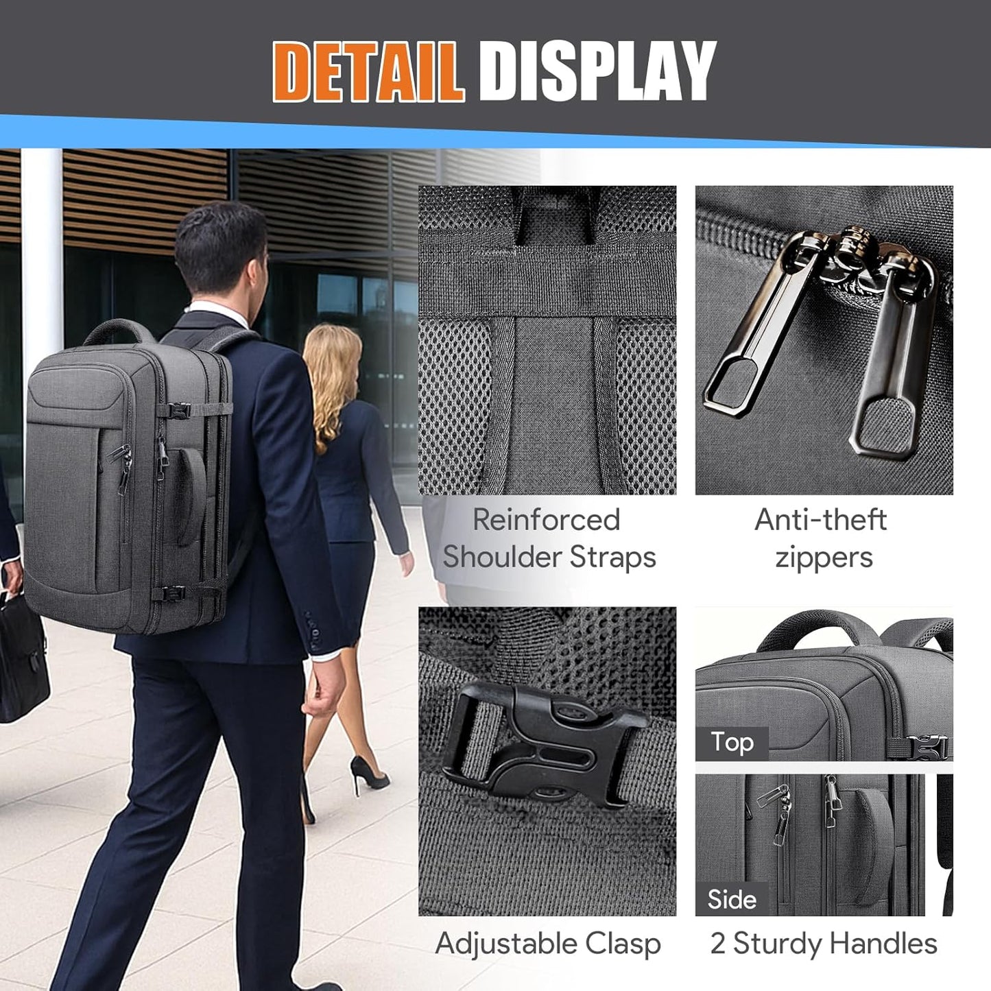 Carry On Backpack, Travel Laptop Backpack, Expandable 40-50L Large Luggage TSA Flight Approved Anti-Theft Laptop Bag, Sturdy 17 Inch TSA Friendly Water Resistant Business Bag for Men, Grey