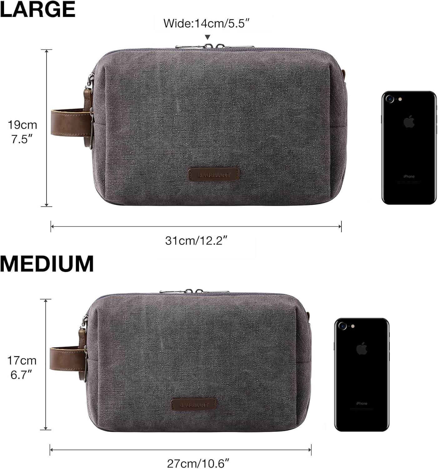 BAGSMART Toiletry Bag for Men, Canvas Travel Toiletry Organizer Dopp Kit Water-resistant Shaving Bag for Toiletries Accessories,Grey-Large
