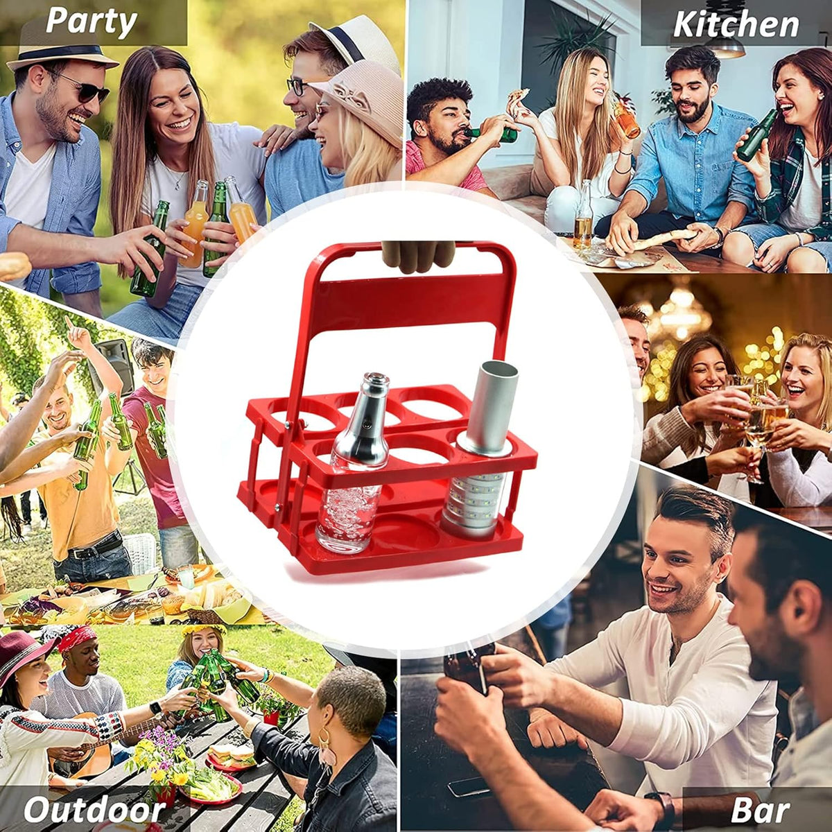 Plastic Drink Carrier,Foldable Cup Holder with Handle,Reusable Beverage Coffee Beer Bottle Carrier for Delivery,Drink Holder and Take Out Cup Carrier for Catering Restaurant Camping Travel,Red