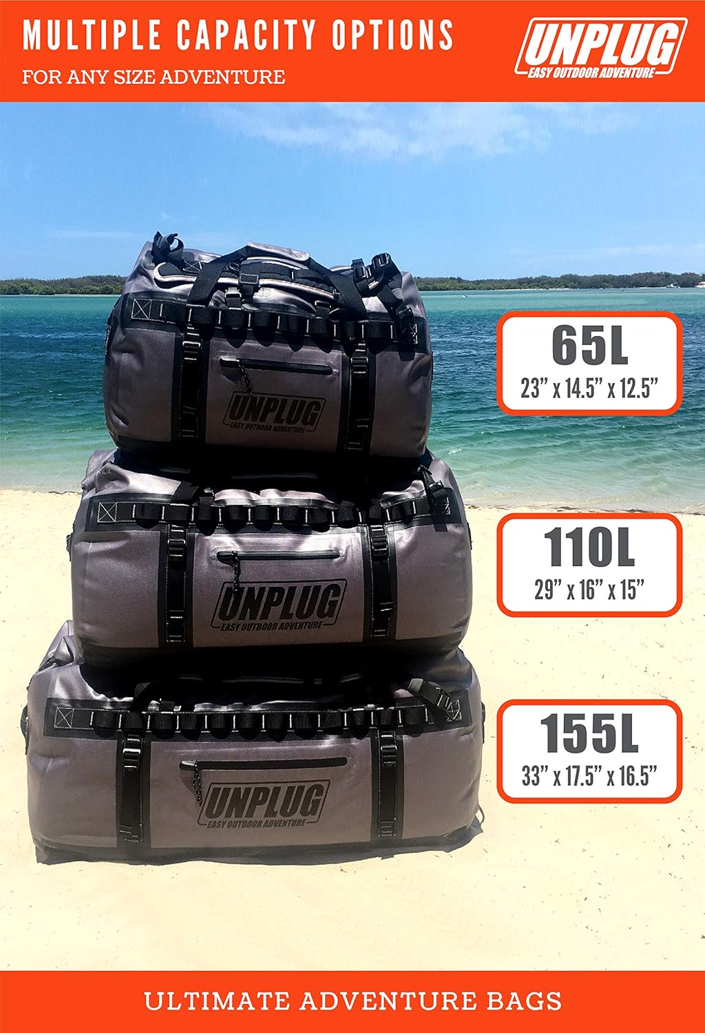 UNPLUG Waterproof Bags for Travel -1680D Heavy Duty Waterproof Duffel Bag for Camping, Motorcycle Dry Bag, Hunting Bag, Bug Out Bag, Waterproof Bags for Boating. Tactical Duffle Bag (155L Storm Grey)