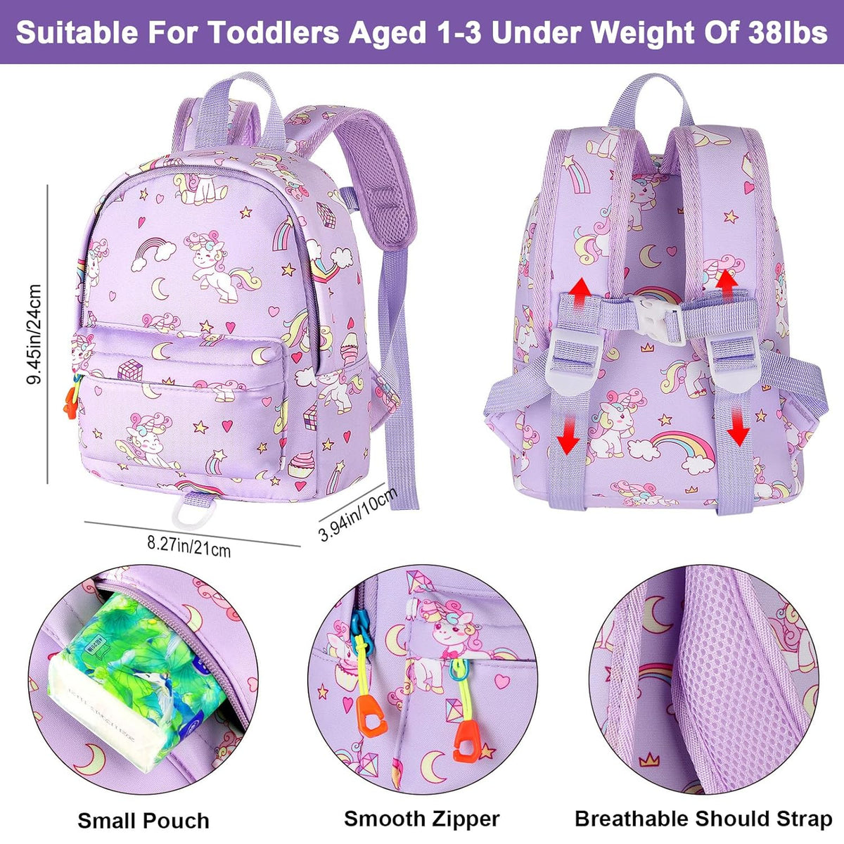 Accmor Toddler Backpack Leash with Anti Lost Wrist Link, Cute Mini Child Walking Harnesses Keep Kids Close Back Pack Rope Tether Rein for Baby Boys (Purple/Unicorn)