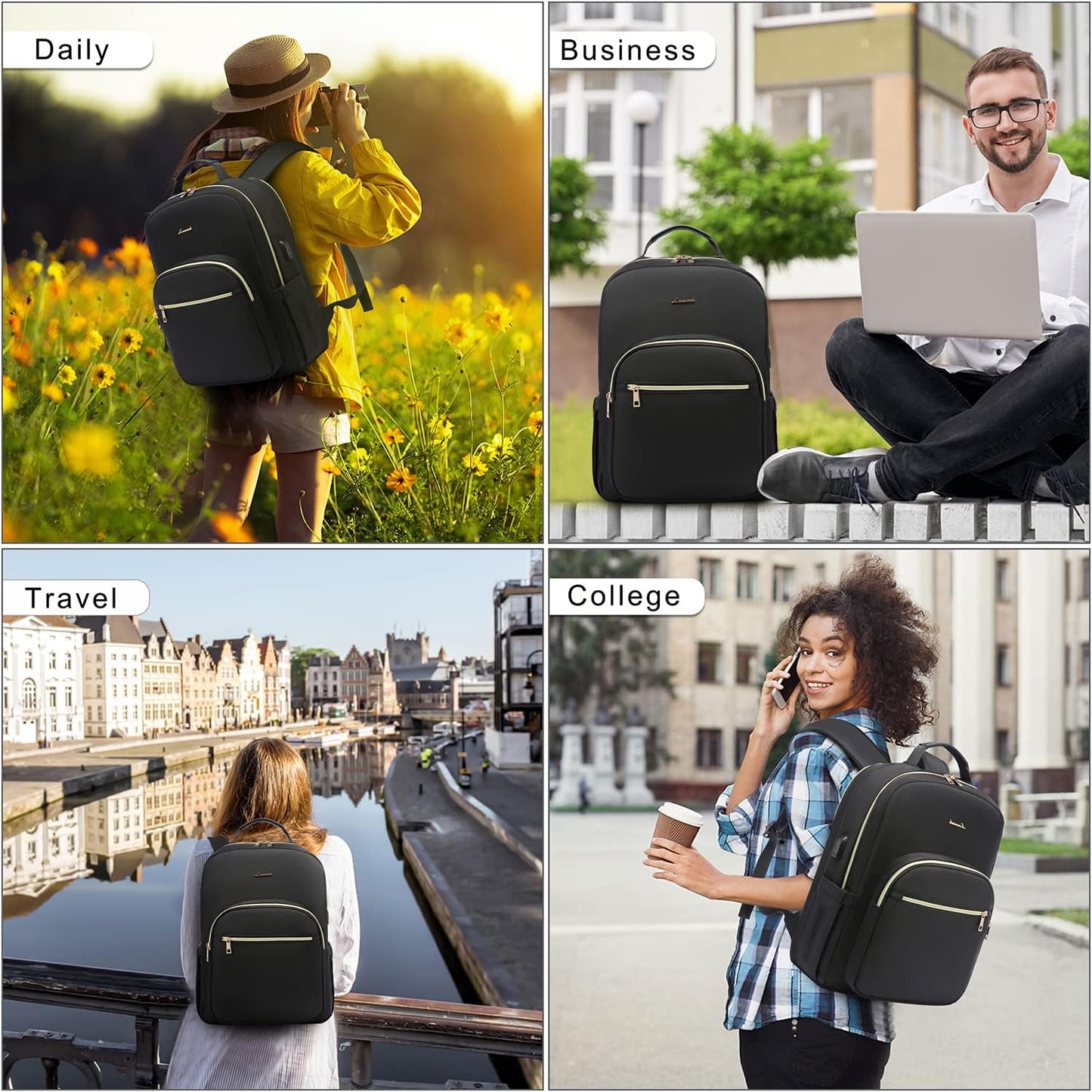 LOVEVOOK Laptop Backpack Purse for Women, Work Travel Computer Bags, Quilted Casual College Daypack with USB Port, Fit 15.6 Inch Laptop, Black
