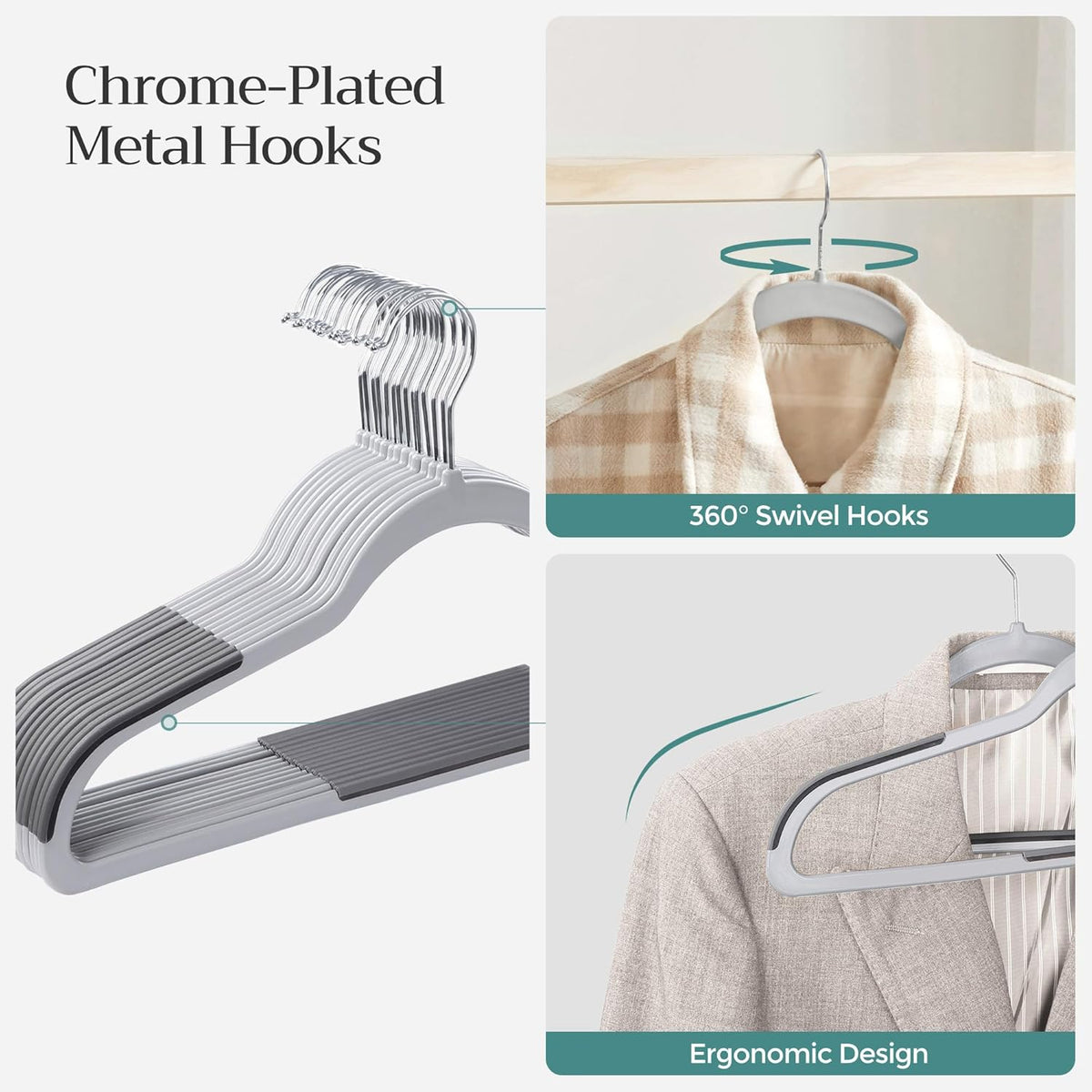 SONGMICS Clothes Hangers, Pack of 100 Plastic Coat Hangers, Space-Saving, Light Gray and Dark Gray UCRP050G100