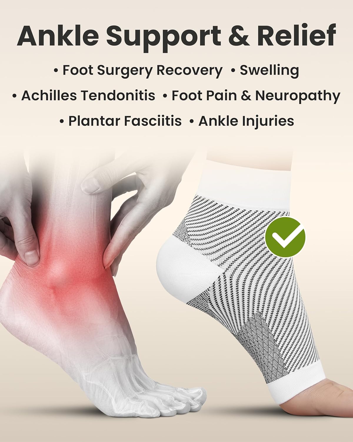 KEMFORD Ankle Compression Sleeve - Plantar Fasciitis Braces - Open Toe Compression Socks for Swelling, Sprain, Neuropathy, Foot Arch Support for Men and Women - 20-30mmhg, L, White and Black