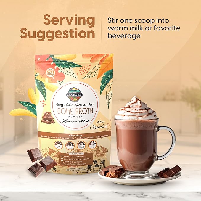 100% Grass-Fed Chocolate Bone Broth Protein Powder with Probiotics – Zero Artificial Flavors, 15g Protein, Collagen-Rich, Gut & Joint Support, Healthy Hot Chocolate, Keto, Paleo, Gluten Free