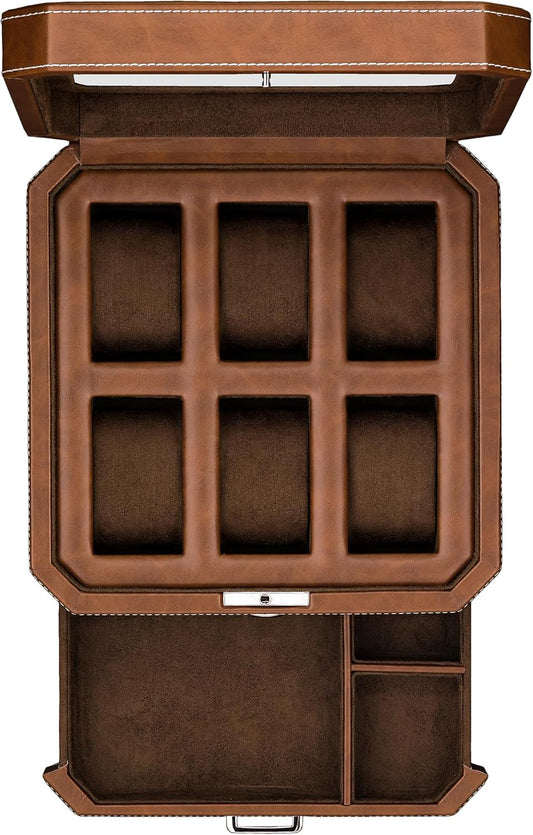 ROTHWELL 6 Slot Leather Watch Box with Valet Drawer - Luxury Case Display Organizer, Microsuede Liner, Locking Mens Jewelry Watches Holder, Men's Watch Storage Large Glass Top (Tan/Brown)