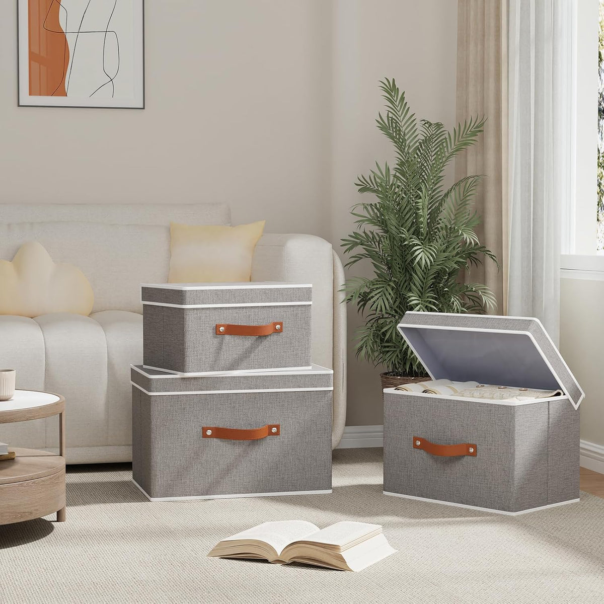 Fabric Storage Bins with Lids, Linen Foldable Clothes Boxes, Closet Organizer Containers with Double Handles, Baskets for Bedroom, Grey, 1 Pack, 13 x 9.1 x 7.9 Inch