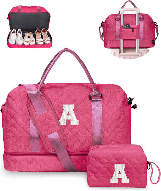 Women Gift, Teen Gifts for Girls-Initial Travel Bag with Shoe Compartment, Personalized Weekender Bag, Monogram Overnight Bag for Women, Letter Travel Bag with Makeup Bag (Letter A)