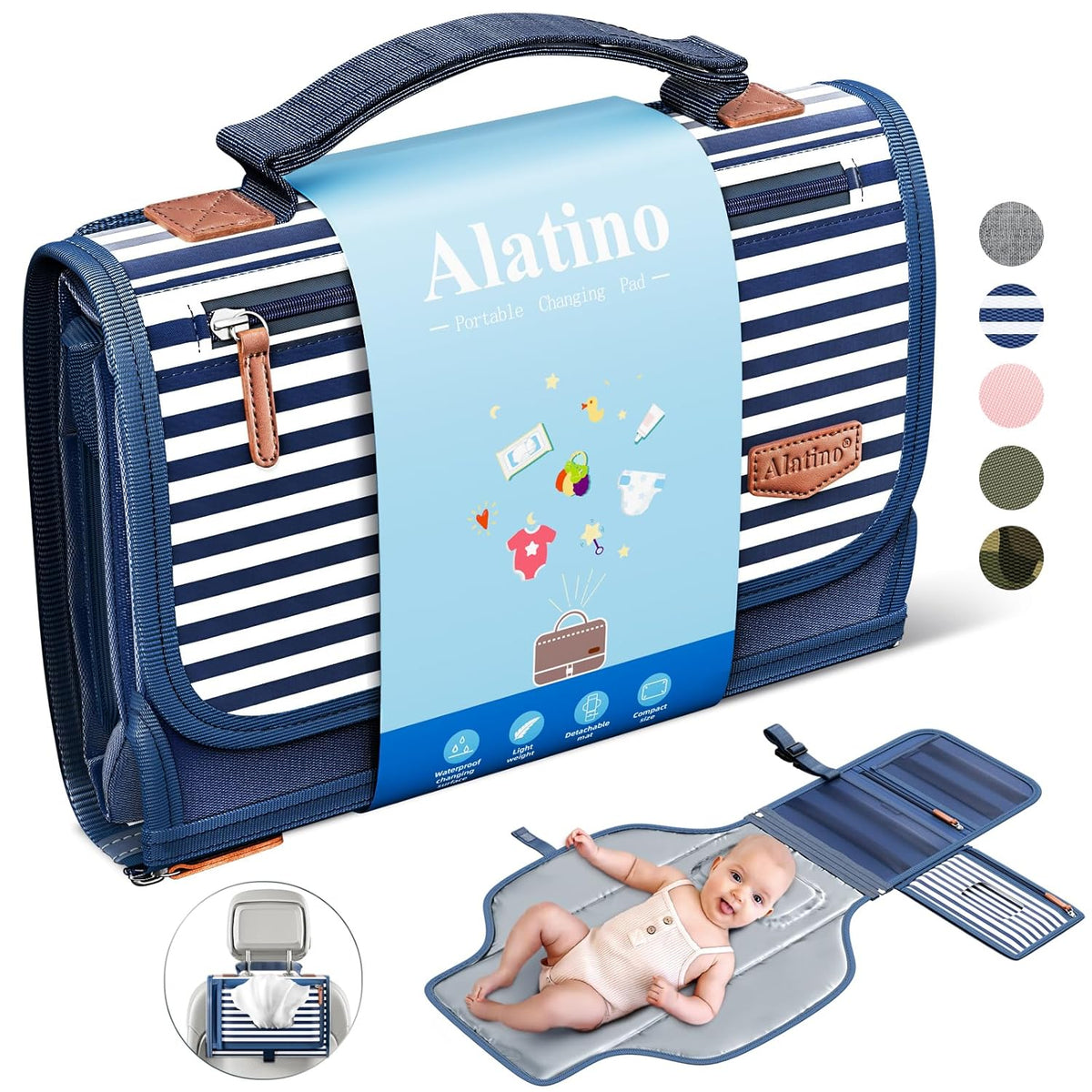 Portable Diaper Changing Pad for Baby, Detachable Travel Changing Pad with Baby Wipes Pocket, Gifts for Baby Shower, Newborn Girls and Boys (Navy)