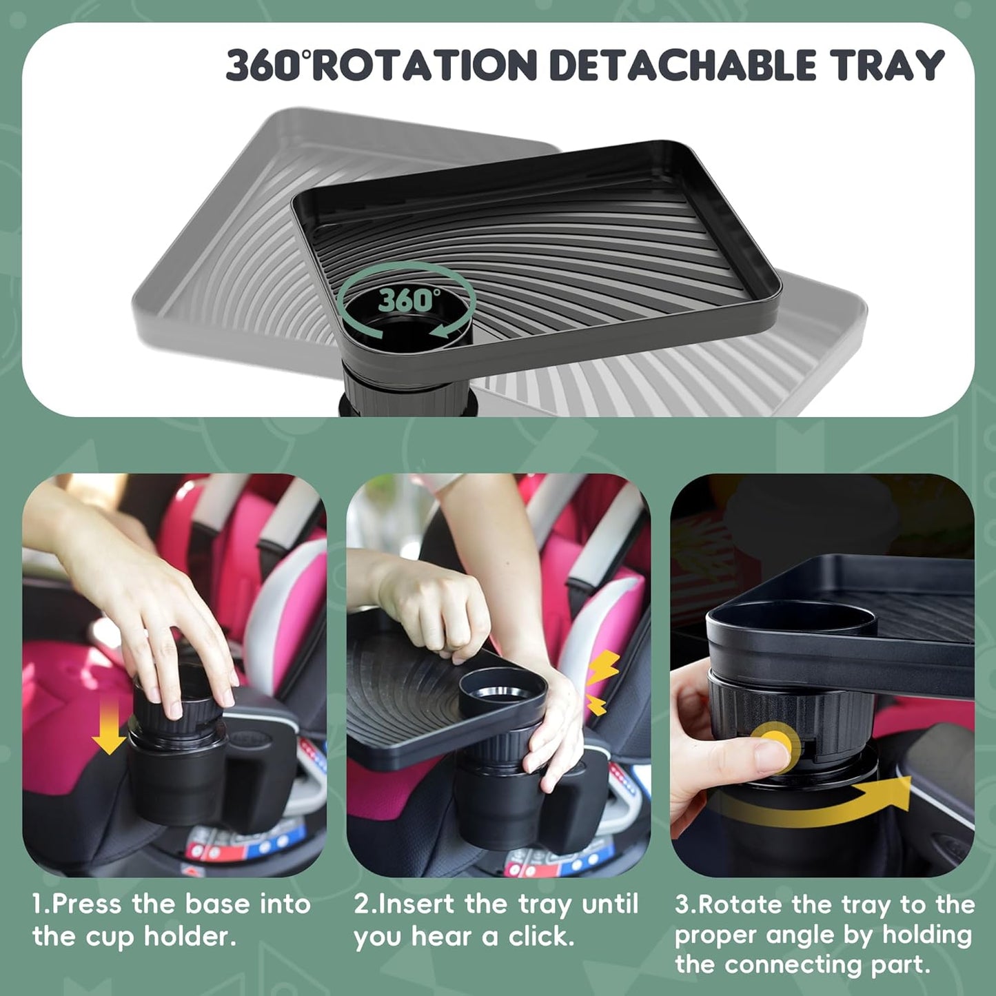 2 Pack Upgraded Car Seat Tray for Kids Car Seat Tray with Expandable Base for Snacks, Toys, Books, Entertainment Kids Travel Essentials Fits 2.8''-3.2'' Cup Holders (2, Standard Base)