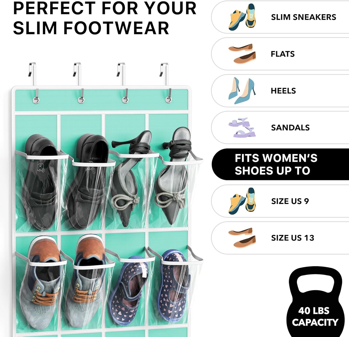 Simple Houseware 24 Pockets - Crystal Clear Over The Door Hanging Shoe Organizer, Turquoise (64'' x 19'')