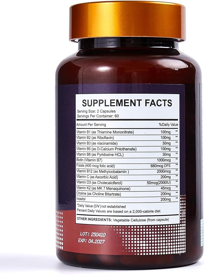 13-in-1 Vitamin B Complex Plus with Biotin, Inositol, Folate, B12, C, D3, K2 – Energy, Nerve & Immune Support for Men & Women – Vegan, Non-GMO, 120 Capsules
