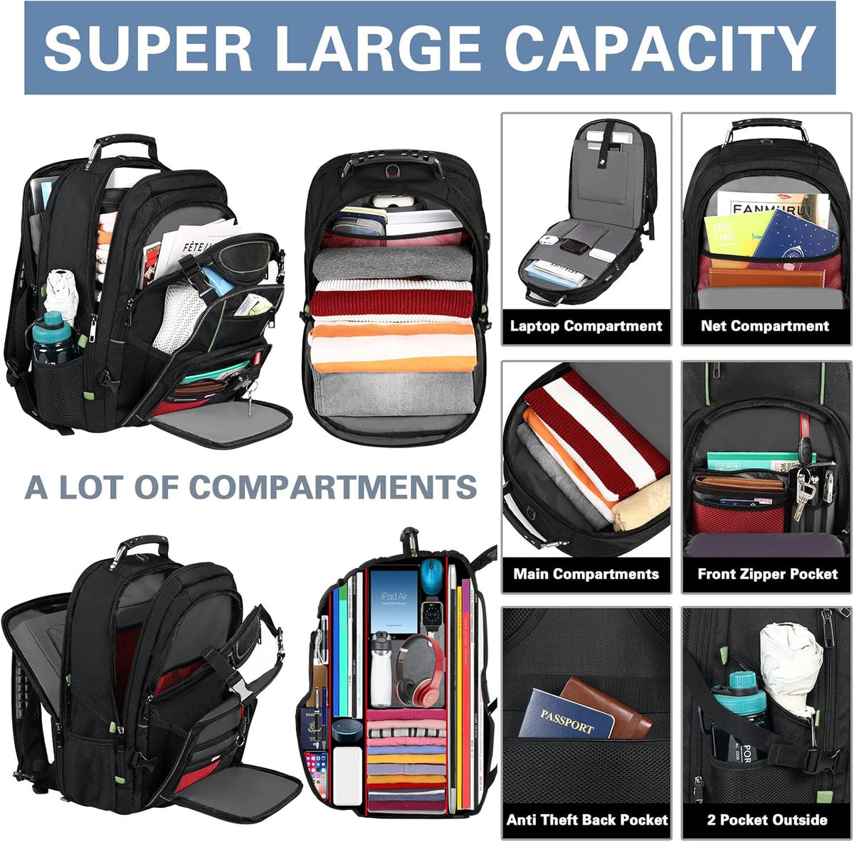 Travel Laptop Backpack,Extra Large 18.4 Inch Laptop RFID Anti Theft TSA Friendly Backpack with USB Charging Port,Water Resistant Backbag,Heavy Duty Computer Bag for Women Men,21.2*15.5*11.5 inch Green