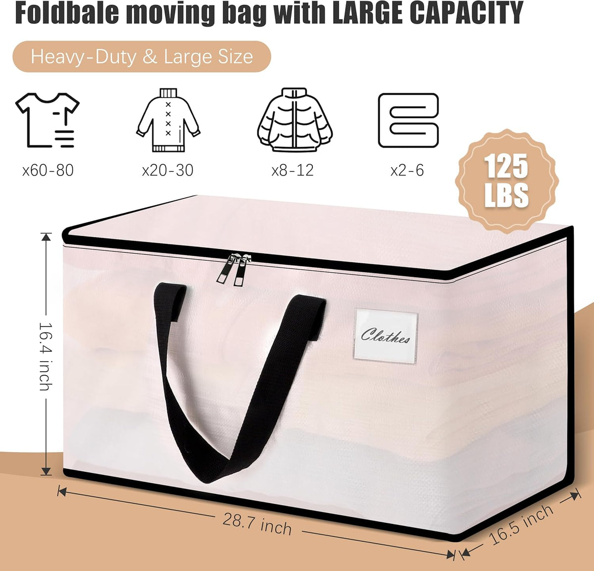 Heavy Duty Moving Bags - Extra Large Packing Bags and Storage Totes, Collapsible and Foldable Option for Moving and Storage, Clear, 125 L - 6 Pack