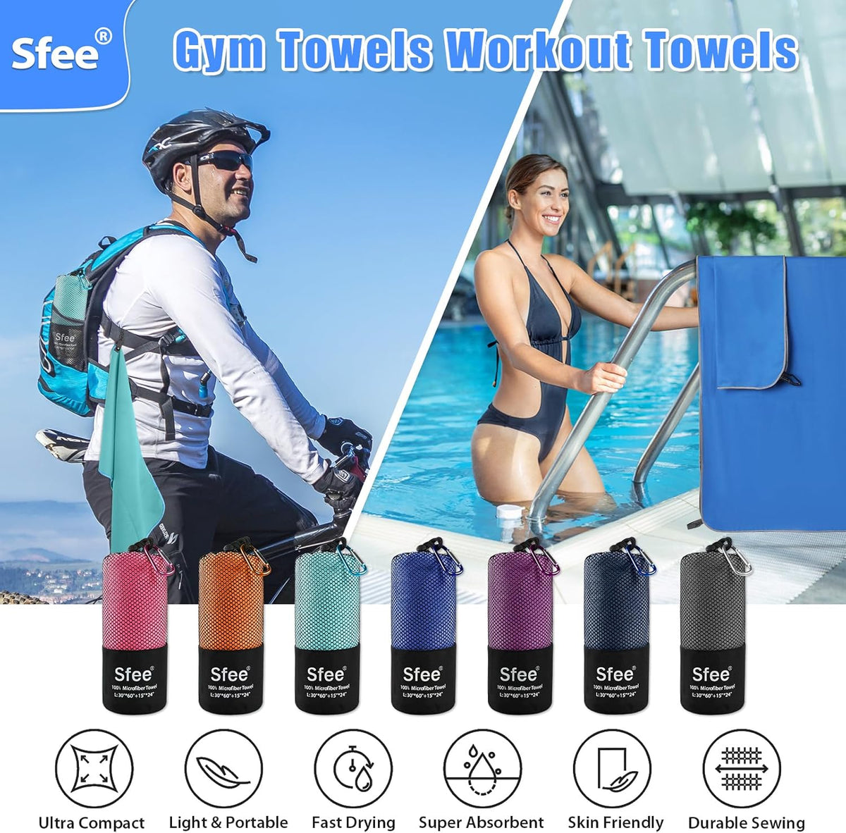 Sfee 2 Pack Microfiber Travel Towel, Quick Dry Towel Camping Towel Large Beach Towel Super Absorbent Compact Lightweight Sports Gym Towels Set for Beach, Gym, Hiking, Pool, Backpacking,Bath,Yoga
