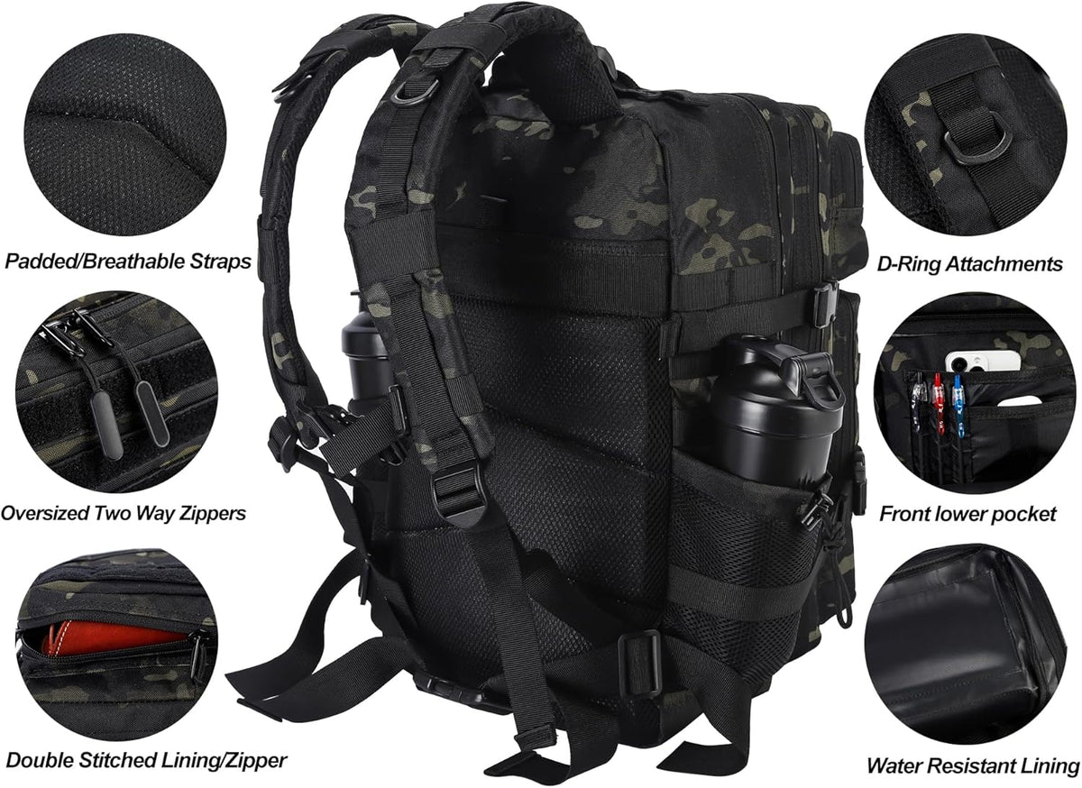 LHI Military Tactical Backpack for Men and Women 45L Army 3 Days Assault Pack Bag Large Rucksack with Molle System - Black CP