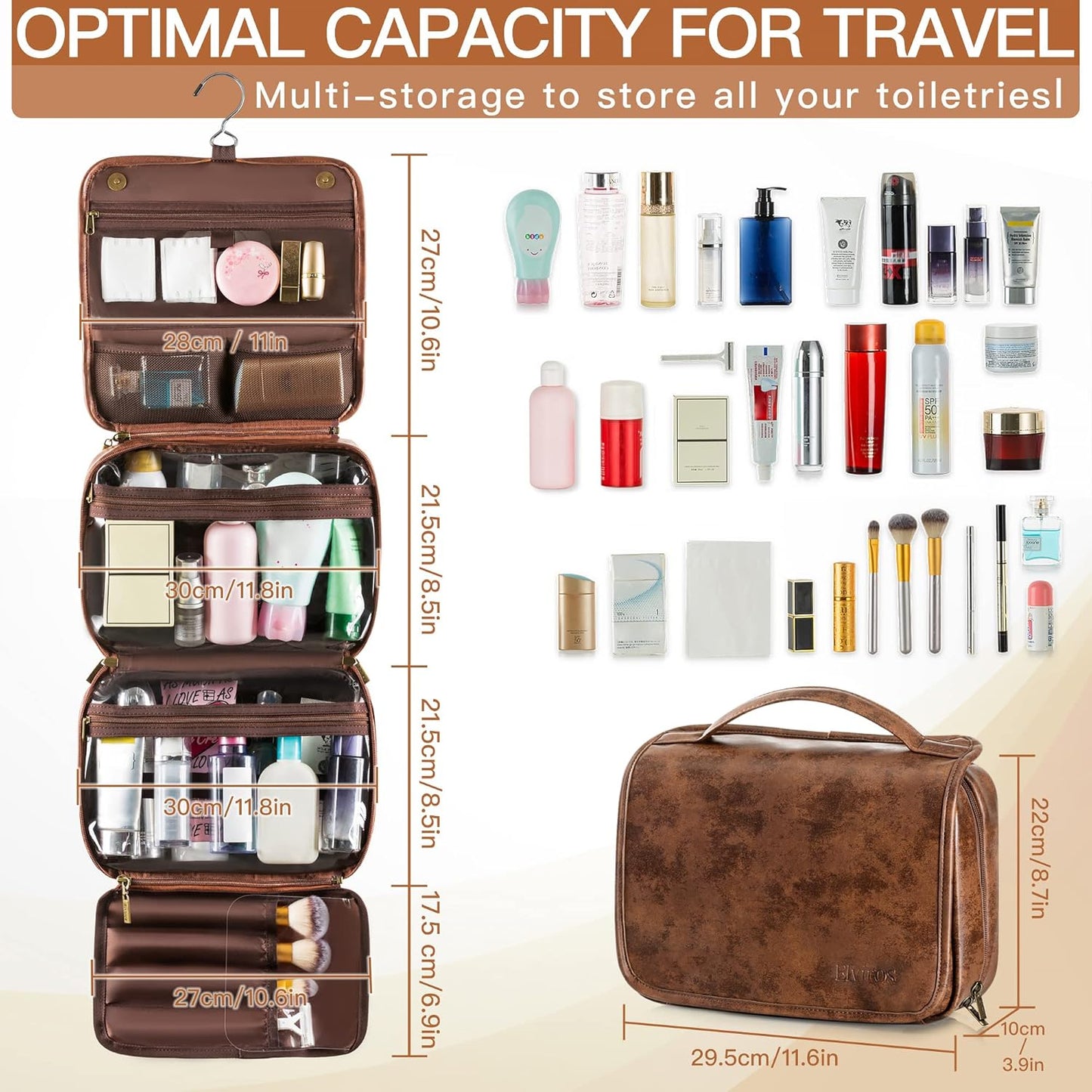 Elviros Hanging Toiletry Bag Removable Travel Bag PU leather Makeup Cosmetic Organizer Kit, Dark Brown