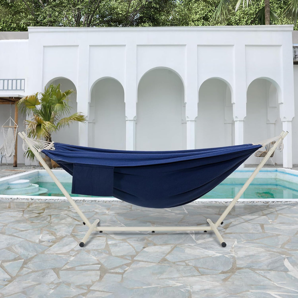 LazyDaze Hammocks Double Hammock with Stand - 2 Person Heavy Duty Outdoor Hammock for Adults, Includes Durable Steel Stand, Portable Carrying Bag and Pillow, Navy Blue