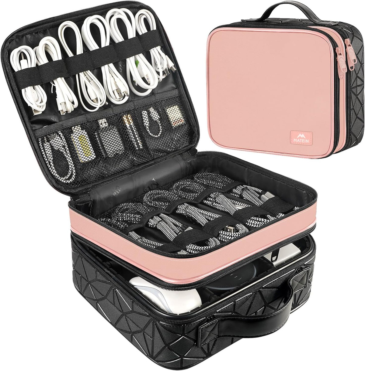 MATEIN Cord Organizer Case with Adjustable Divider, DJ Cable File Bag for DJ Gear, Sound Instrument and Music Equipment Accessories, Shockproof Portable Double Layer Cord Bags, Pink