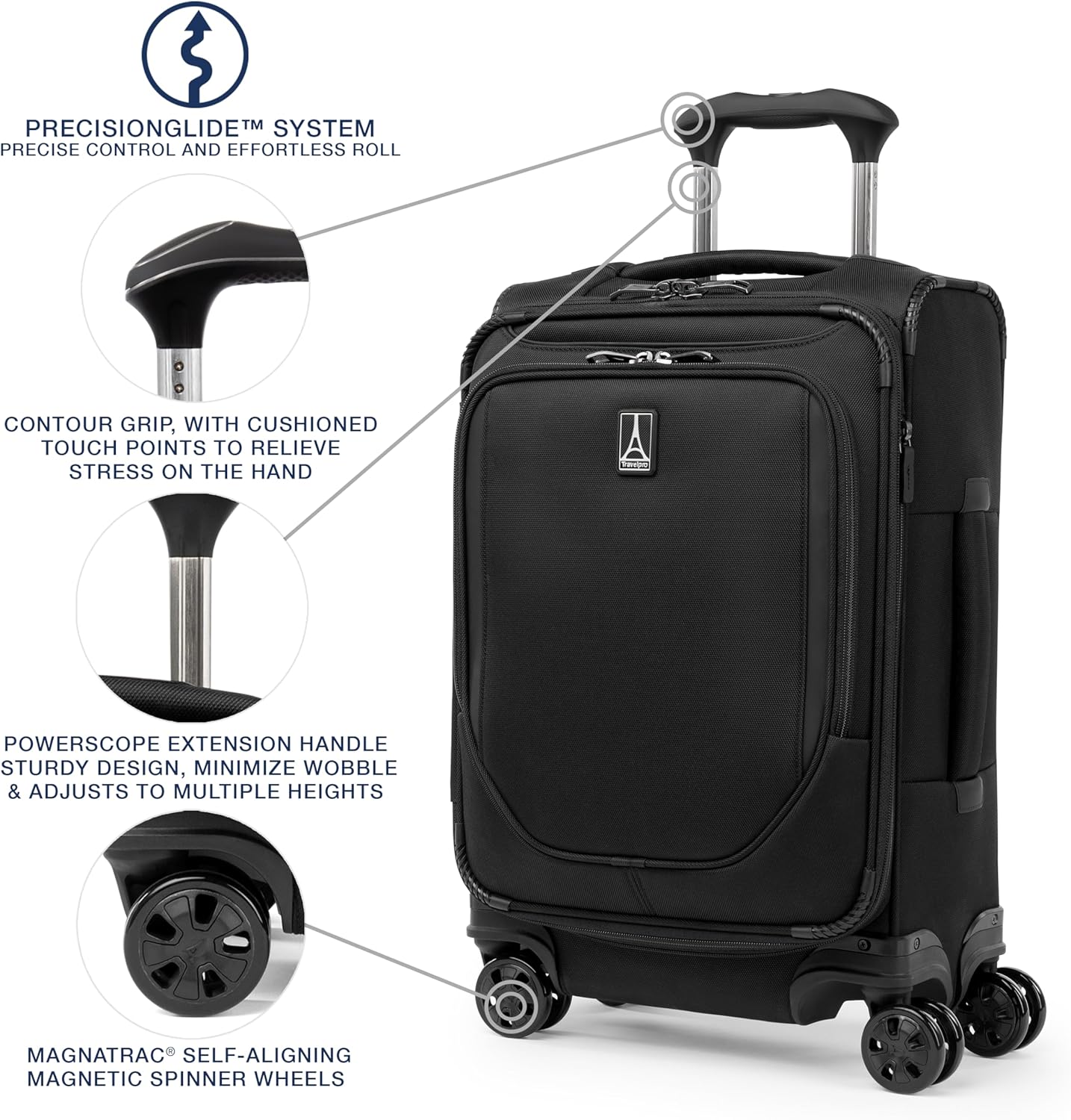 Travelpro Crew Classic Lightweight Softside Expandable Carry on Luggage, 8 Wheel Spinner Suitcase, Men and Women, Compact Carry On 20-Inch, Black