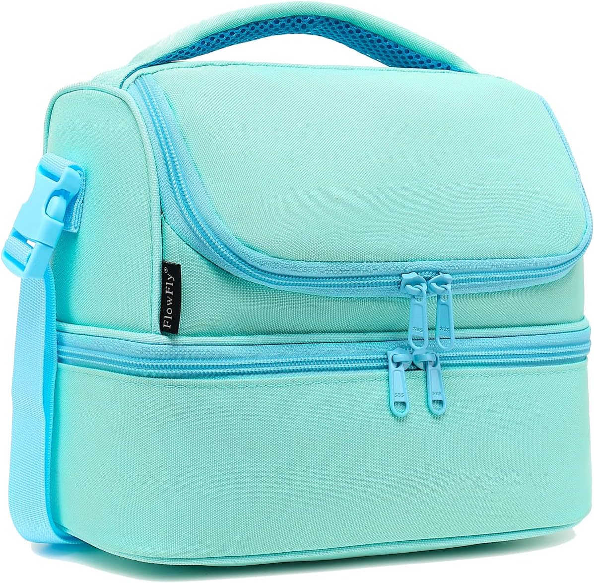 FlowFly Double Decker Cooler Insulated Lunch Bag Large Tote for Boys, Girls, Men, Women, With Adjustable Strap,Light Blue