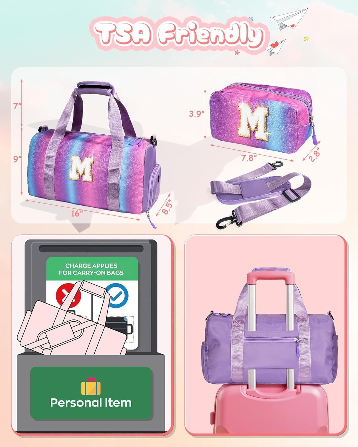 Dorm Room Essentials for Girls-Girl Gym Bag with Shoe Compartment, Kid Personalized Weekender Overnight Bags, Initial Travel Tote with Makeup Pouch, Preppy Stuff Gifts for Kids (Letter F)