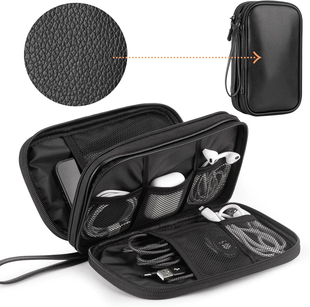 Leather Travel Electronic Organizer - Double Layer, Waterproof Case for Cables, Chargers, Phones & More - Portable, Shockproof Pouch for All Your Electronics Accessories (Black, M)