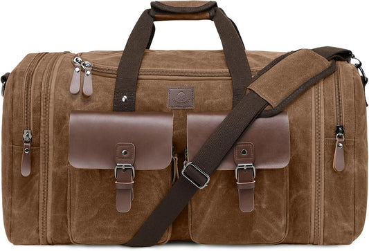Waxed Canvas Duffle Bag for Men 50L Travel Duffel Bags Expandable Genuine Leather Duffel Overnight Weekender Carry On Bag Two Zipper Pockets Travel Bag (Vintage Dark Brown, Large-50L)