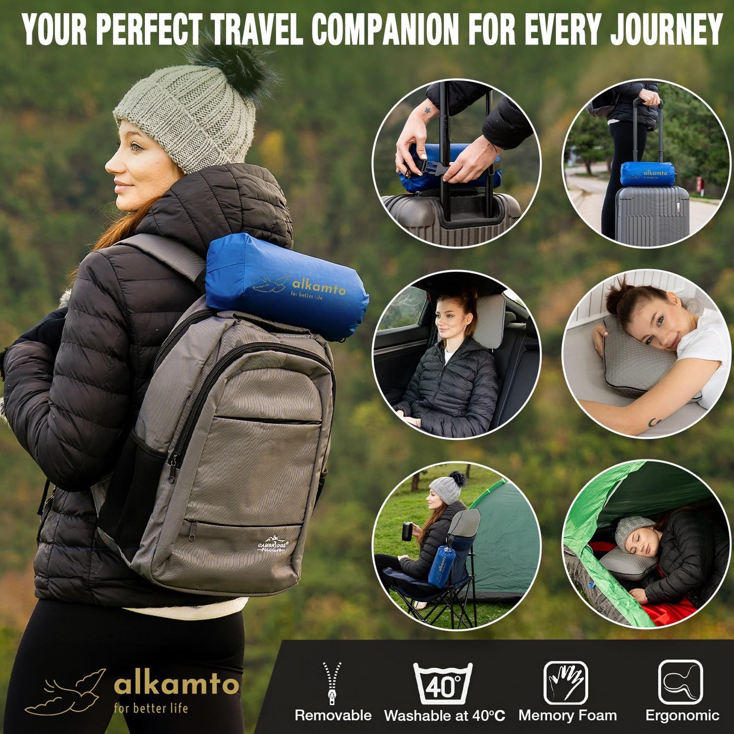 Travel & Camping Comfortable Memory Foam Pillow – Easy to Carry Portable Bag – Temperature Regulating Pillow Case (Grey)