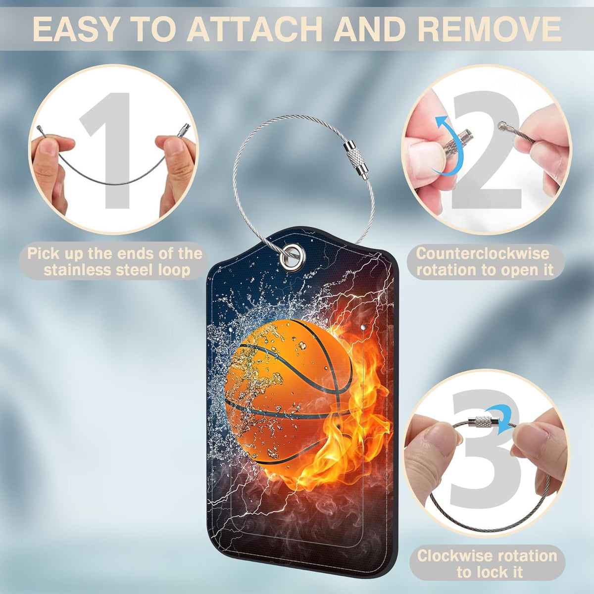 Basketball on Fire Set of 2 Luggage Tags for Suitcases Leather Suitcase Tags Identifiers with Privacy Name Address Label and Stainless Steel Loop for Women Men Travel Luggage Accessories
