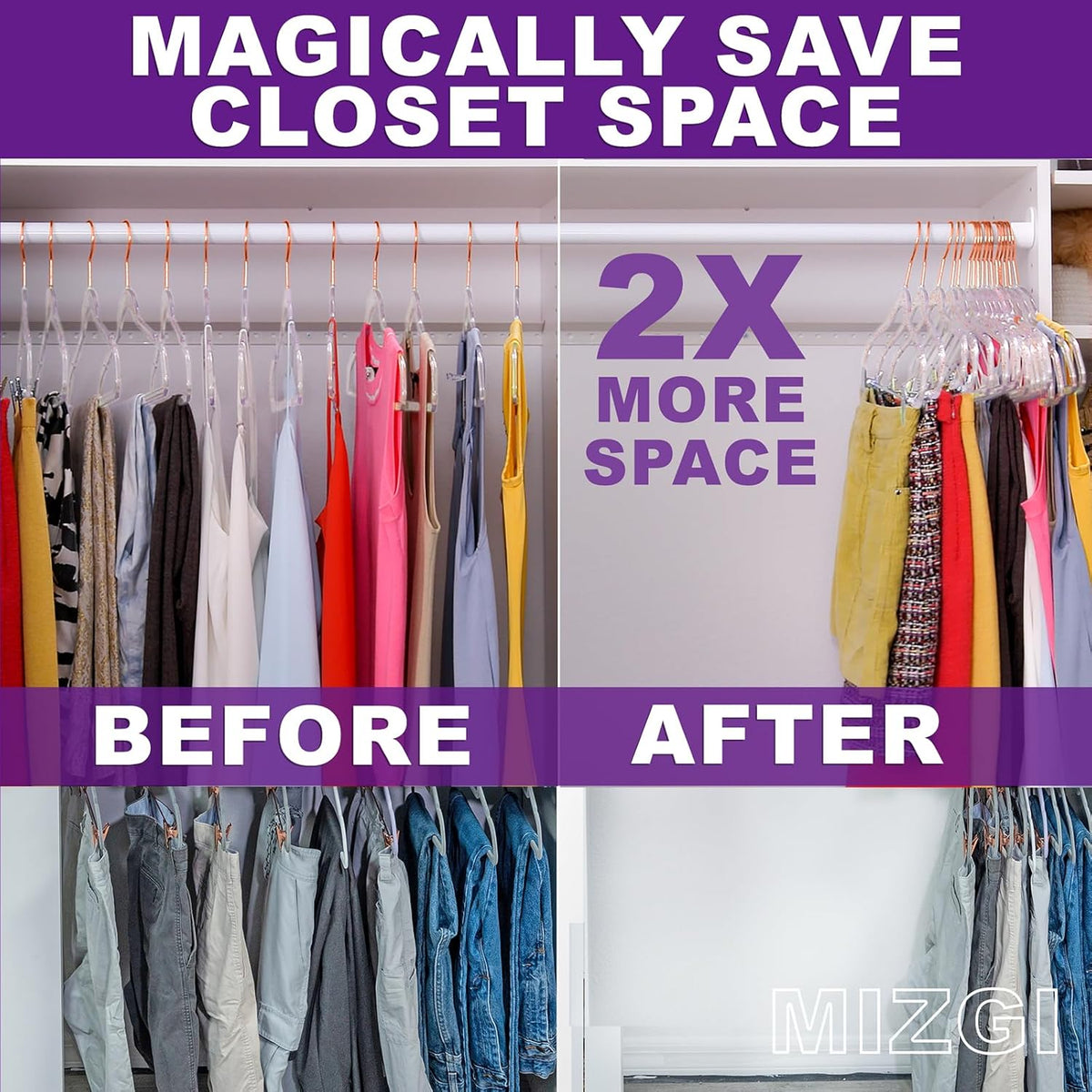 MIZGI Premium Clear Invisible Acrylic Hangers,Crystal Plastic Hangers with Bling Rose Gold Glitter 50 Pack Ultra Slim & Space Saving Suit Hangers for Coats, Pants & Dress Clothes