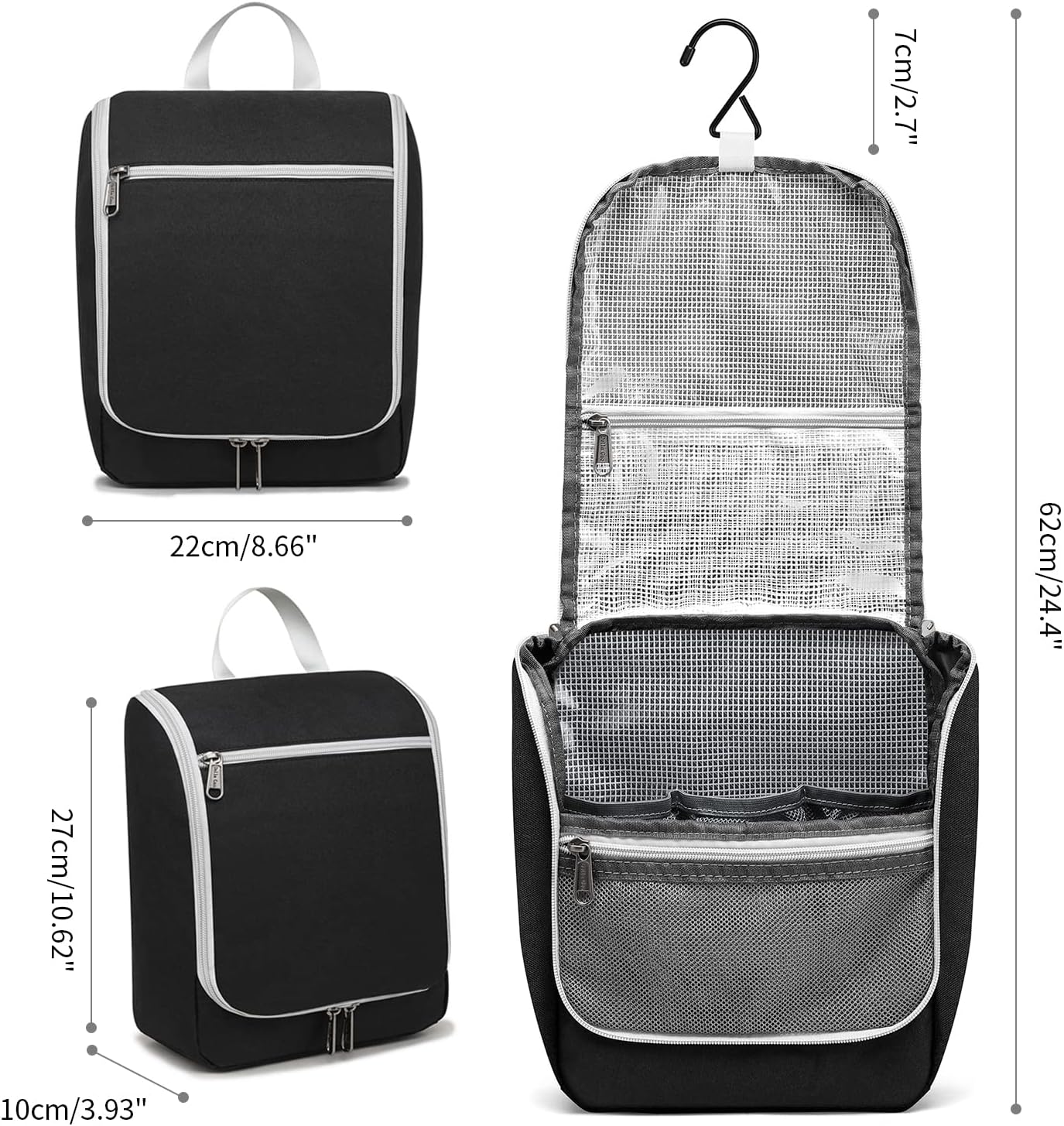 Della Gao Black Water Repellent Polyester Hanging Toiletry Bag for Travel
