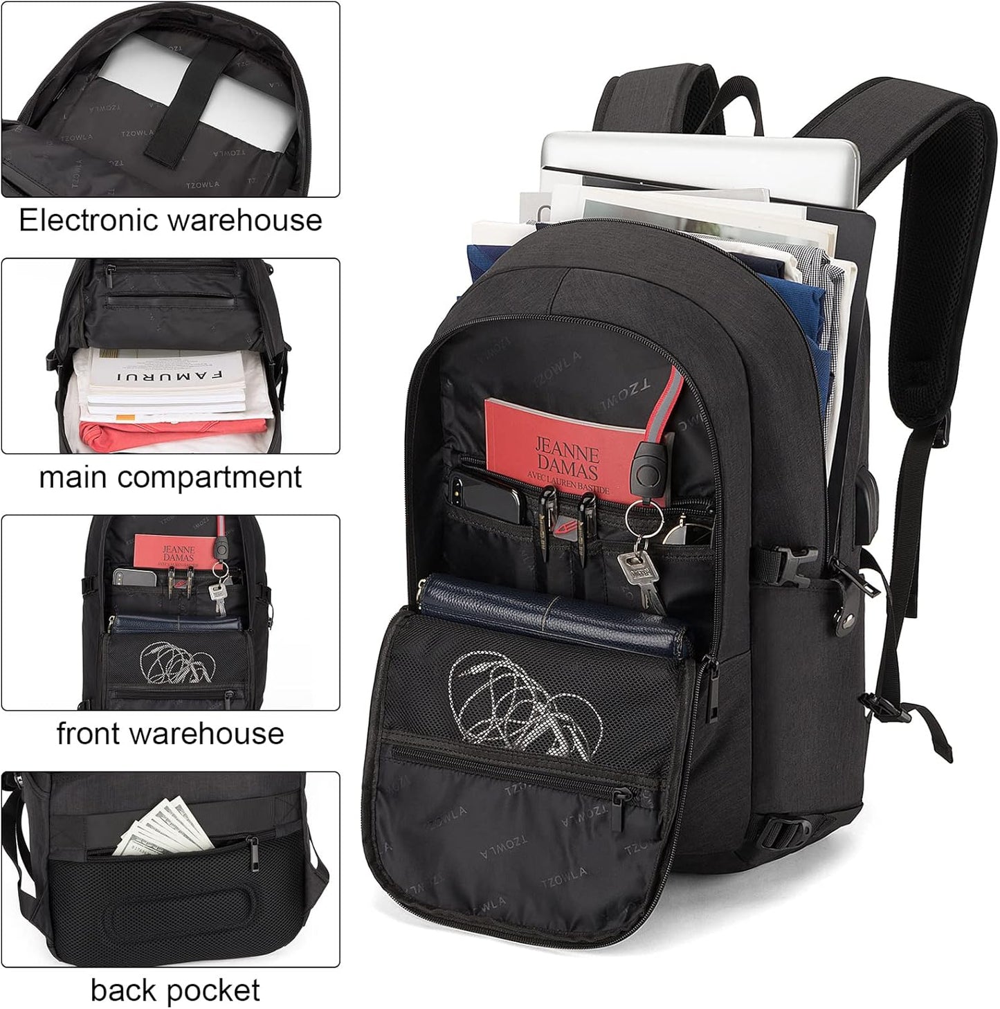 Tzowla Anti-Theft Water Resistant 17.3 Inch Laptop Backpack with USB Charging Port and Lock, Black