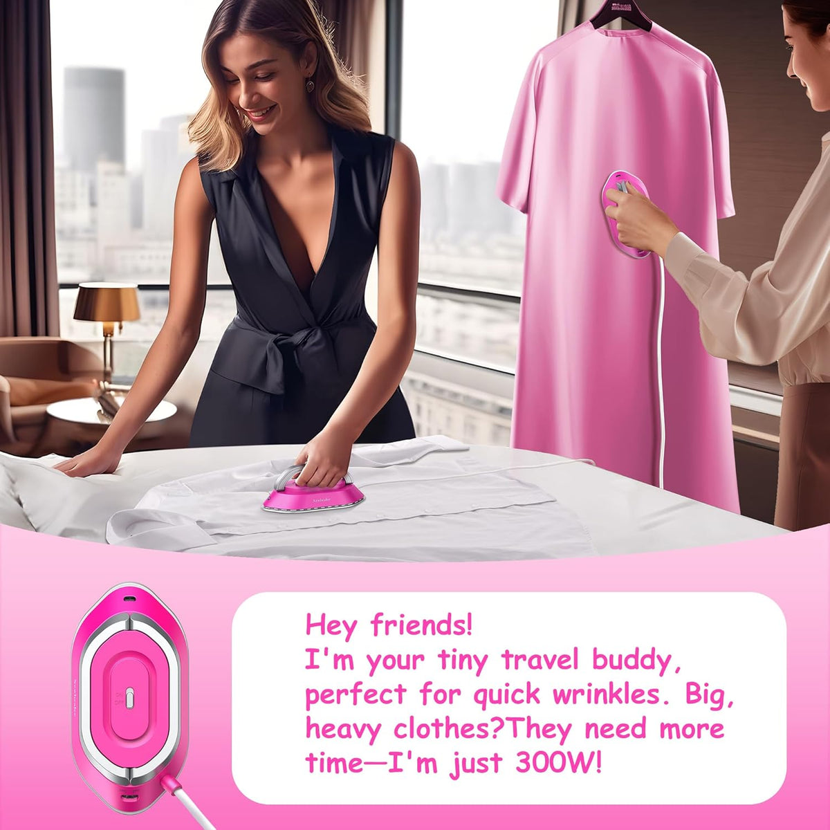 Newbealer Travel Iron with Dual Voltage - 120V/220V Lightweight Dry Iron for Clothes (No Steam), Non-Stick Ceramic Soleplate, 302℉ Heat Press Machine, w/Spray Bottle, Pouch & Silicone Stand (Hotpink)
