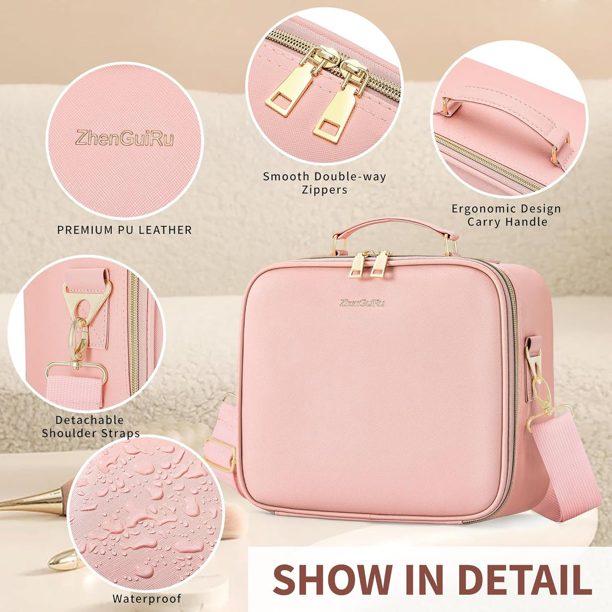 Travel Makeup Bag Cosmetic Organizer Bag with Lighted Mirror, Waterproof Makeup Bag with Light Up Mirror, Travel Makeup Case for Cosmetic Brush Holder Storage, Large Toiletry Bag Women Gift