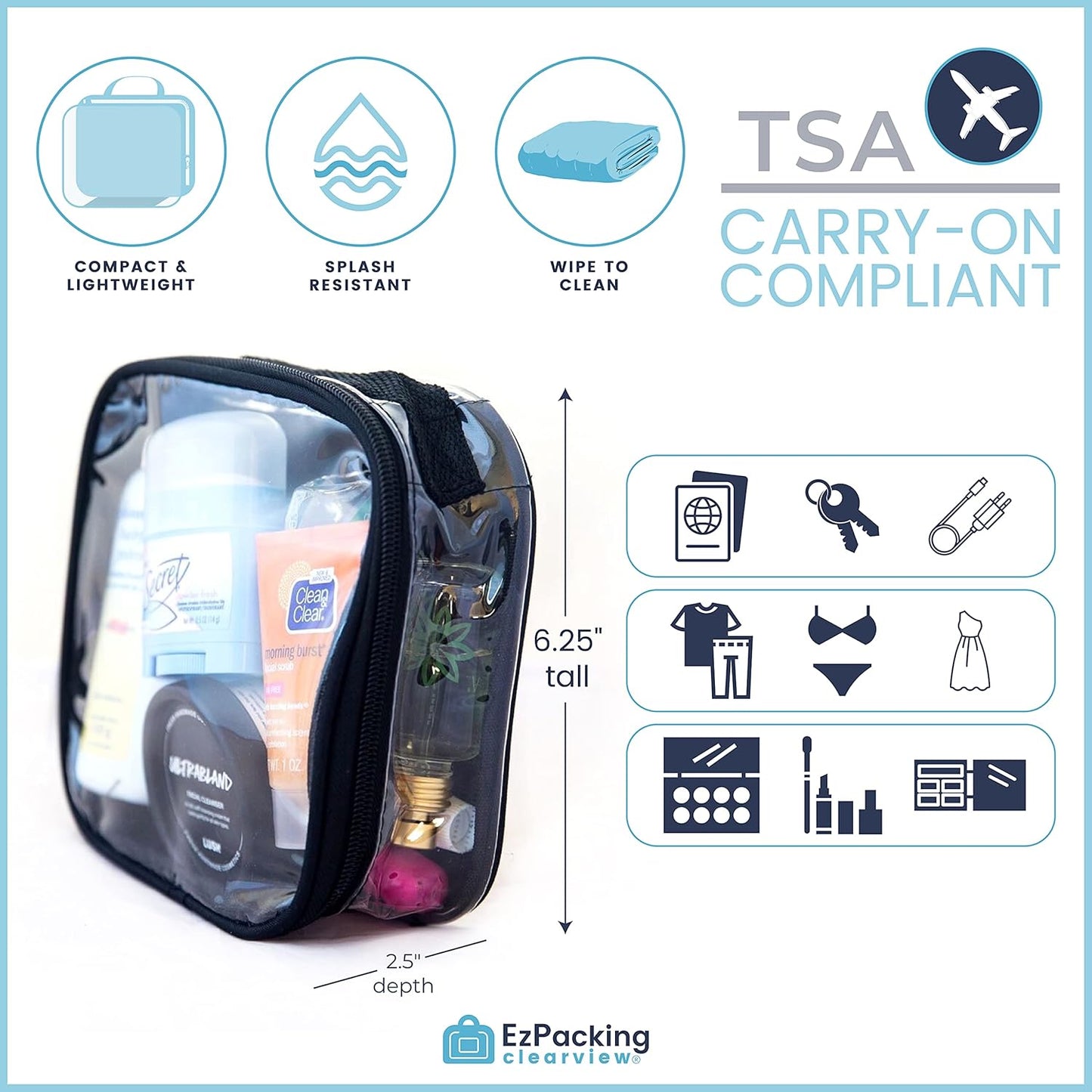 Clear TSA Approved 3-1-1 Travel Toiletry Bag for Carry On / Quart Size Transparent Liquids Pouch for Airport Security / Reusable See Through Vinyl & PVC Plastic Organizer for Men and Women (Black)