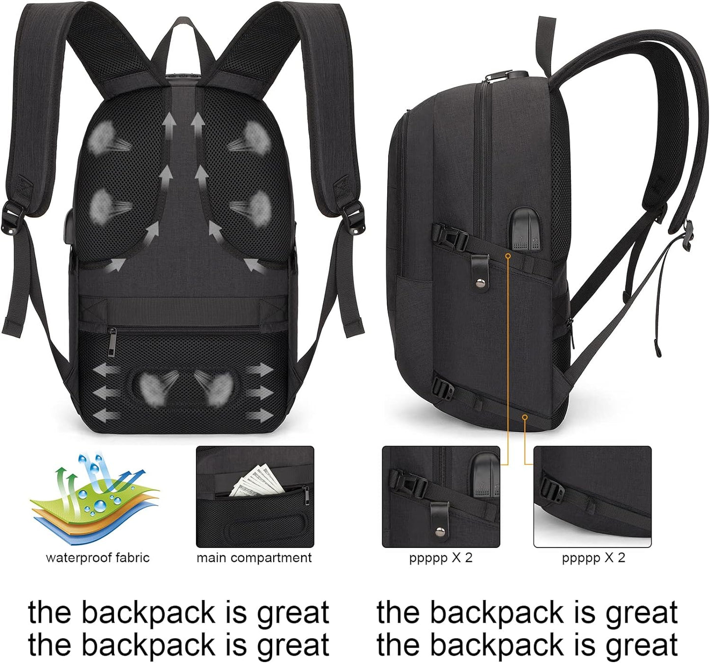 Tzowla Anti-Theft Water Resistant 17.3 Inch Laptop Backpack with USB Charging Port and Lock, Black