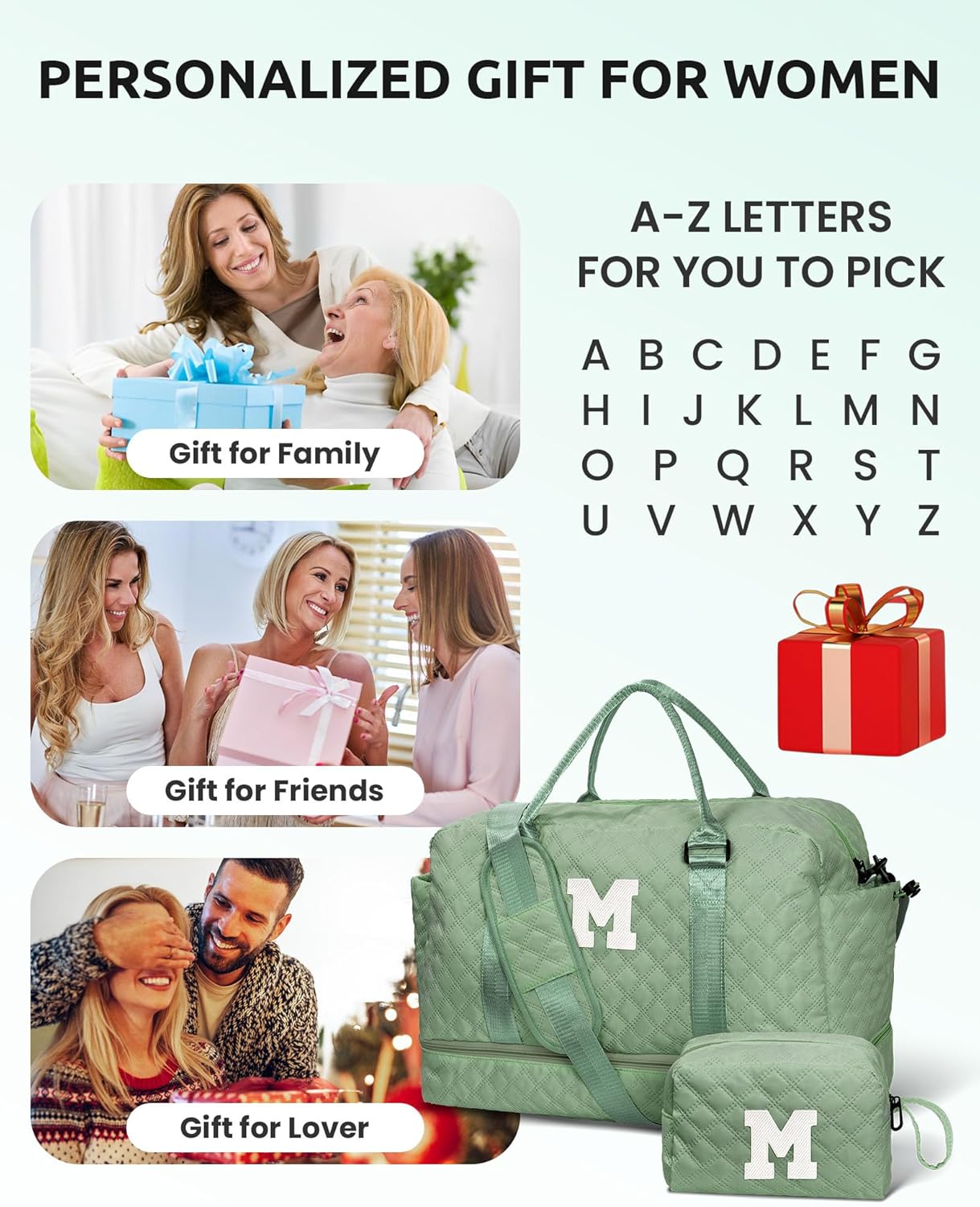 Bridal Shower Gifts, Gifts for Women-Initial Travel Bag with Shoe Compartment, Personalized Weekender Bag, Monogram Overnight Bag for Women, Letter Travel Bag with Makeup Bag (Letter A)
