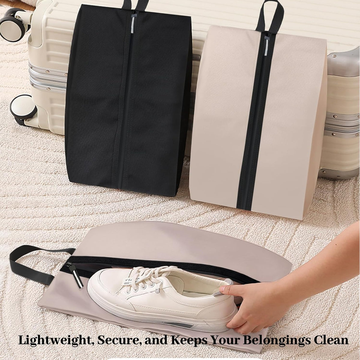 Smell Proof Shoe Bag for Travel Water-Resistant Lightweight Dustproof Golf Soccer Shoe Storage Organizer Pouch with Zipper for Gym Sports Travel Work Men and Women(Off White, 1-Pack)