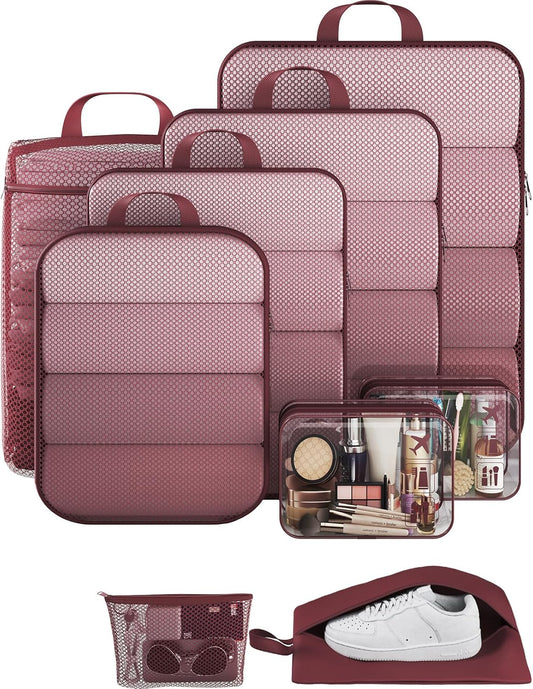Veken 9/11 Set Compression Packing Cubes for Travel Essentials,Compressible Expandable Large Luggage Suitcase Organizer Bags for Clothing,Durable Space Saver Storage Bags with Toiletry Bags(Wine Red)