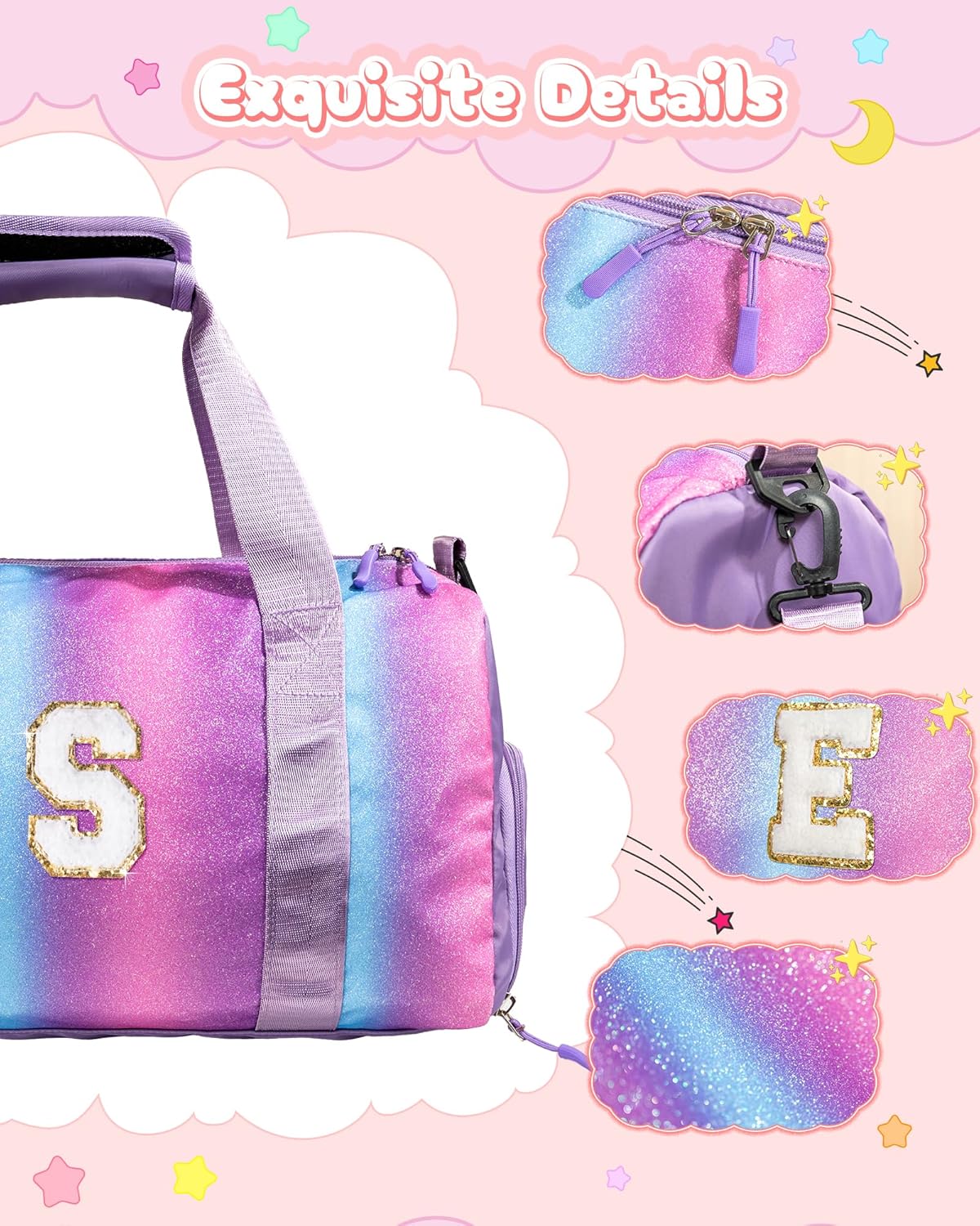 Birthday Gifts for 3 4 5 6 7 8 9 10 11 12 Year Old Girls-Girl Gym Bag with Shoe Compartment, Kid Personalized Weekender Dance Bags, Initial Travel Tote with Makeup Pouch (Letter B)
