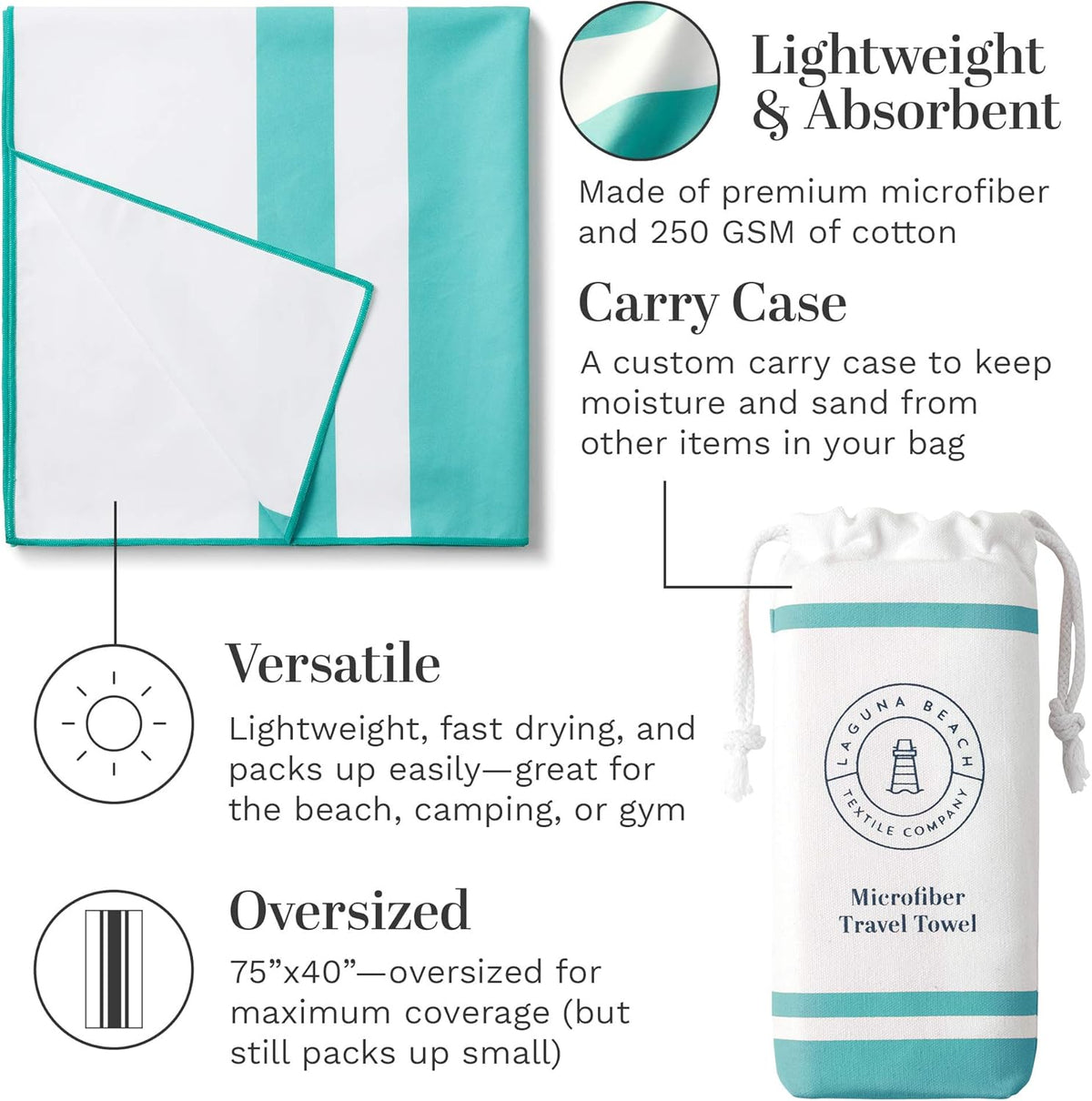Emerald Microfiber Beach Towel by Laguna Beach Textile Co - Sand Free, Light Weight Striped Pool Towel - Perfect for Yoga, Gym, Beach, Pool - Extra Large, 35" x 75" - Aqua Blue