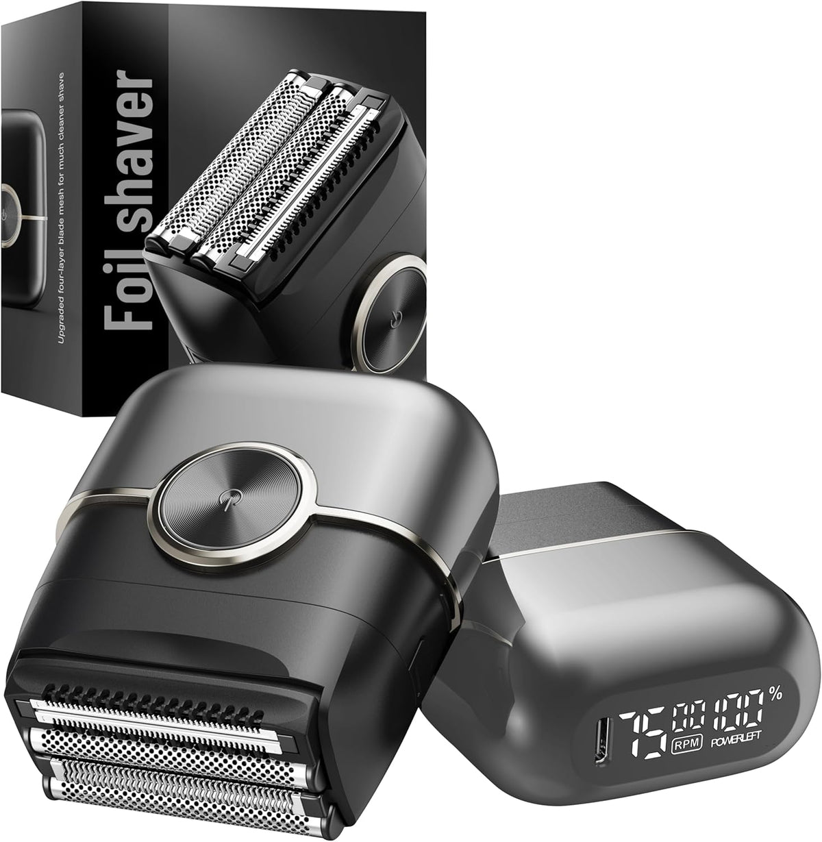 Electric Foil Shaver for Men: 4 Floating Blades, 2 Gear & IPX7 Waterproof - Rechargeable Cordless Razor for Face Shaving - Wet/Dry Travel Shaver with Large LED Display