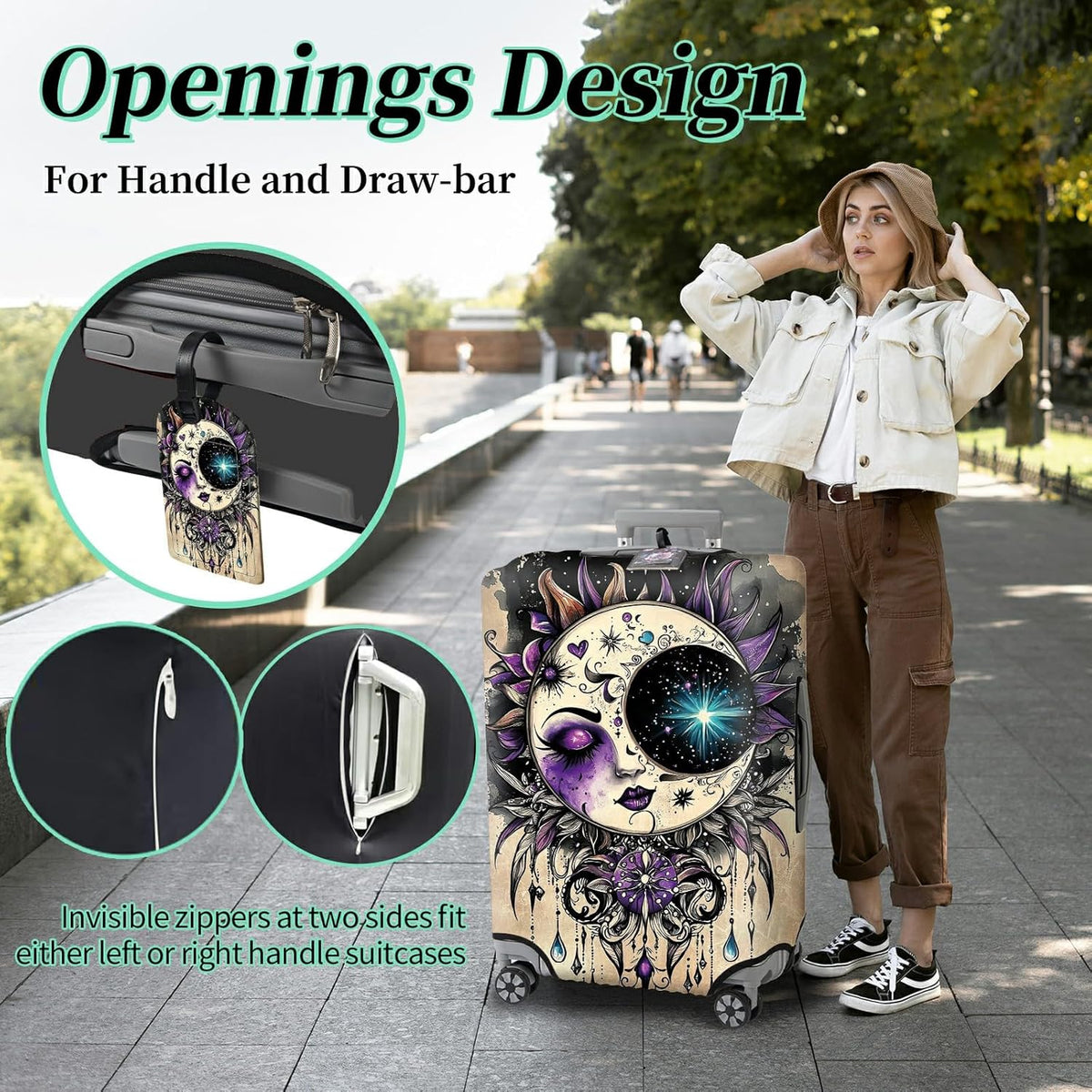Luggage Protector Plus 1 Luggage Tag, Gothic Moon Face Travel Case Cover for 26-28 inch Suitcase with Elastic Dustproof, Scratch Resistant Concealed Zipper
