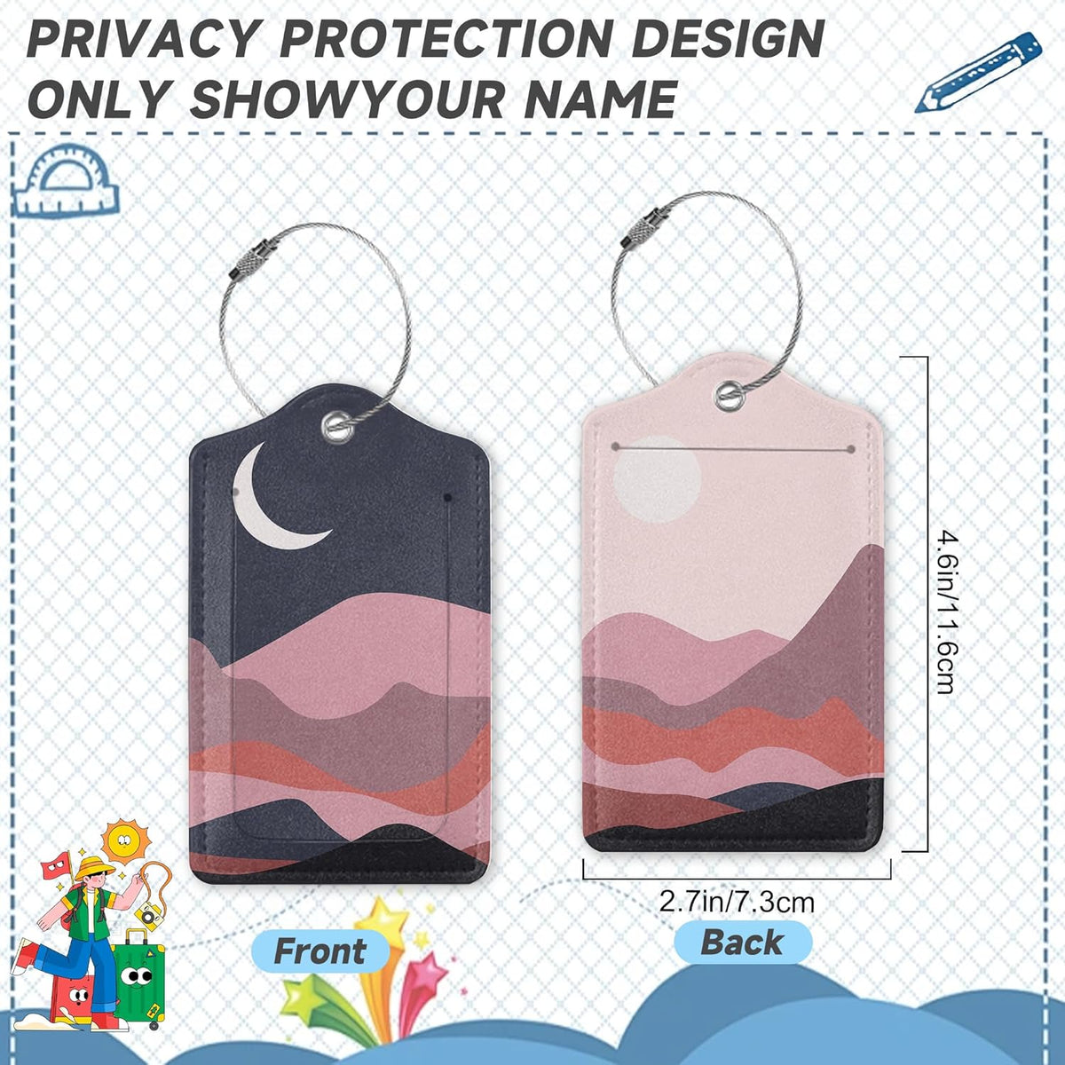 Boho Hills Luggage Tags for Suitcases,2 Pack Fields Moon Luggage Tag,Leather Stainless Steel Loop Label Tag for Women Men Girls Travel Bag Suitcase