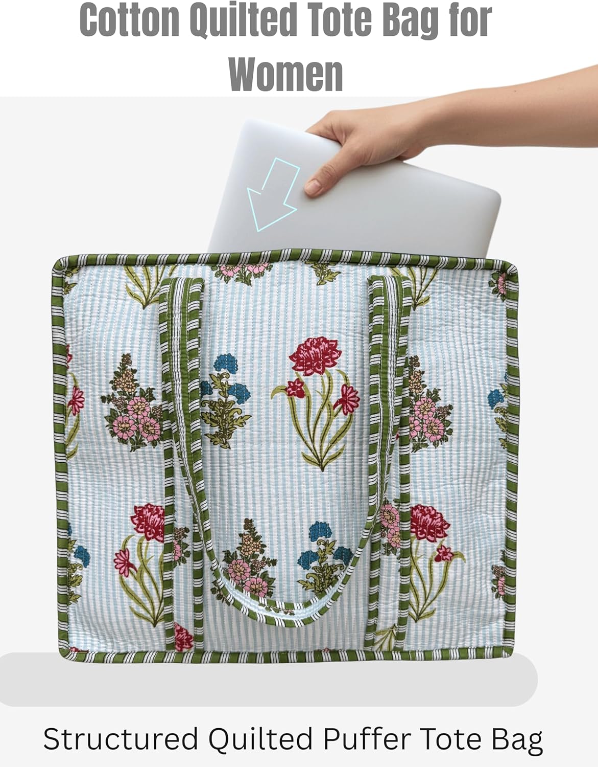 Cotton Quilted Tote Bag for Women – Large Beach & Travel Tote with Zipper, Reusable Grocery Bag