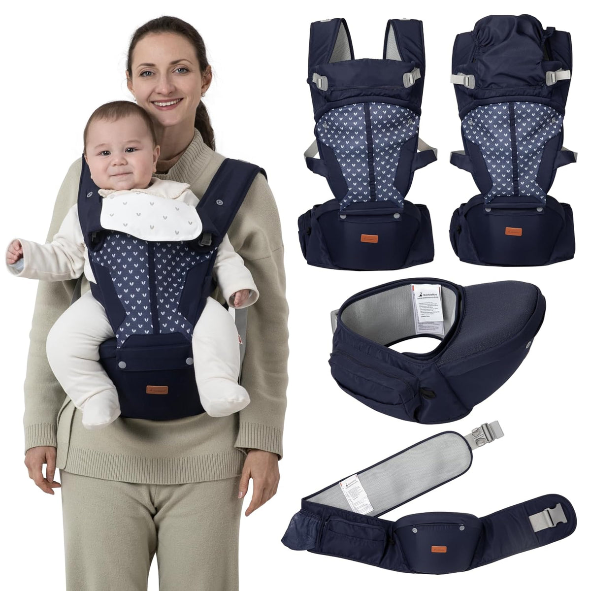 BabbleRoo Grow Carrier – 6-in-1 Baby Carrier with Hip Seat, Ergonomic, Cozy & Adjustable Toddler Carrier 7-50 lbs with Hip & Lumbar Support, Hood for Sun Protection, Newborn to Toddler, Navy Hearts