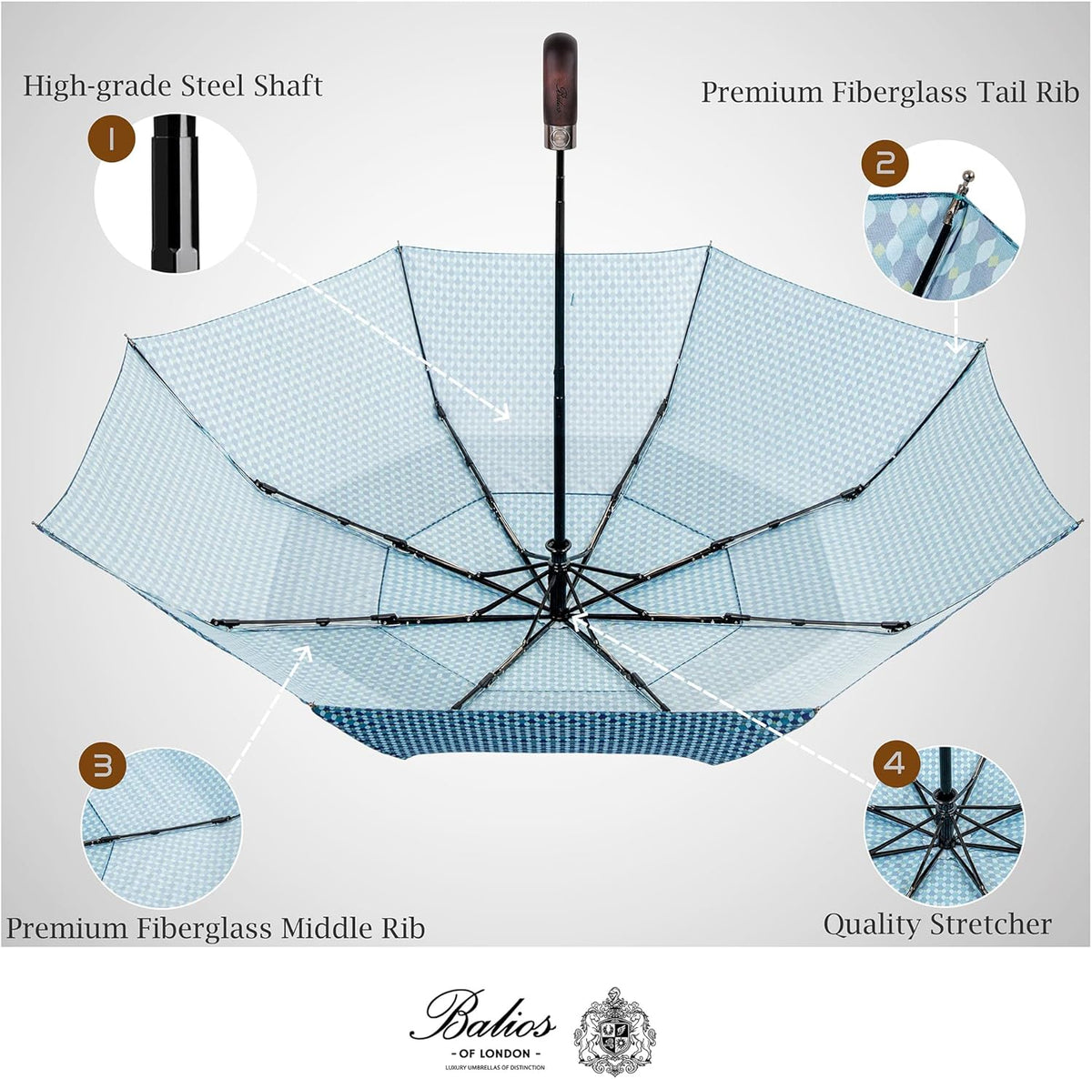 Balios Travel Folding Umbrella with Real Wood Handle Auto Open Close Vented Windproof Canopy - Designed in UK