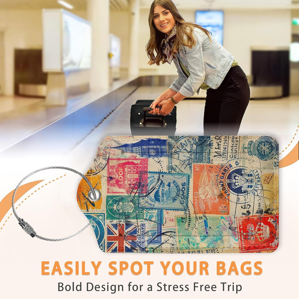 Retro Wanderlust Stamps 3 PCS PU Leather Luggage Tags for Suitcase, Luggage Tag with Privacy Flap, Name ID Label and Metal Loop for Women Men Baggage Handbag School Bag Backpack